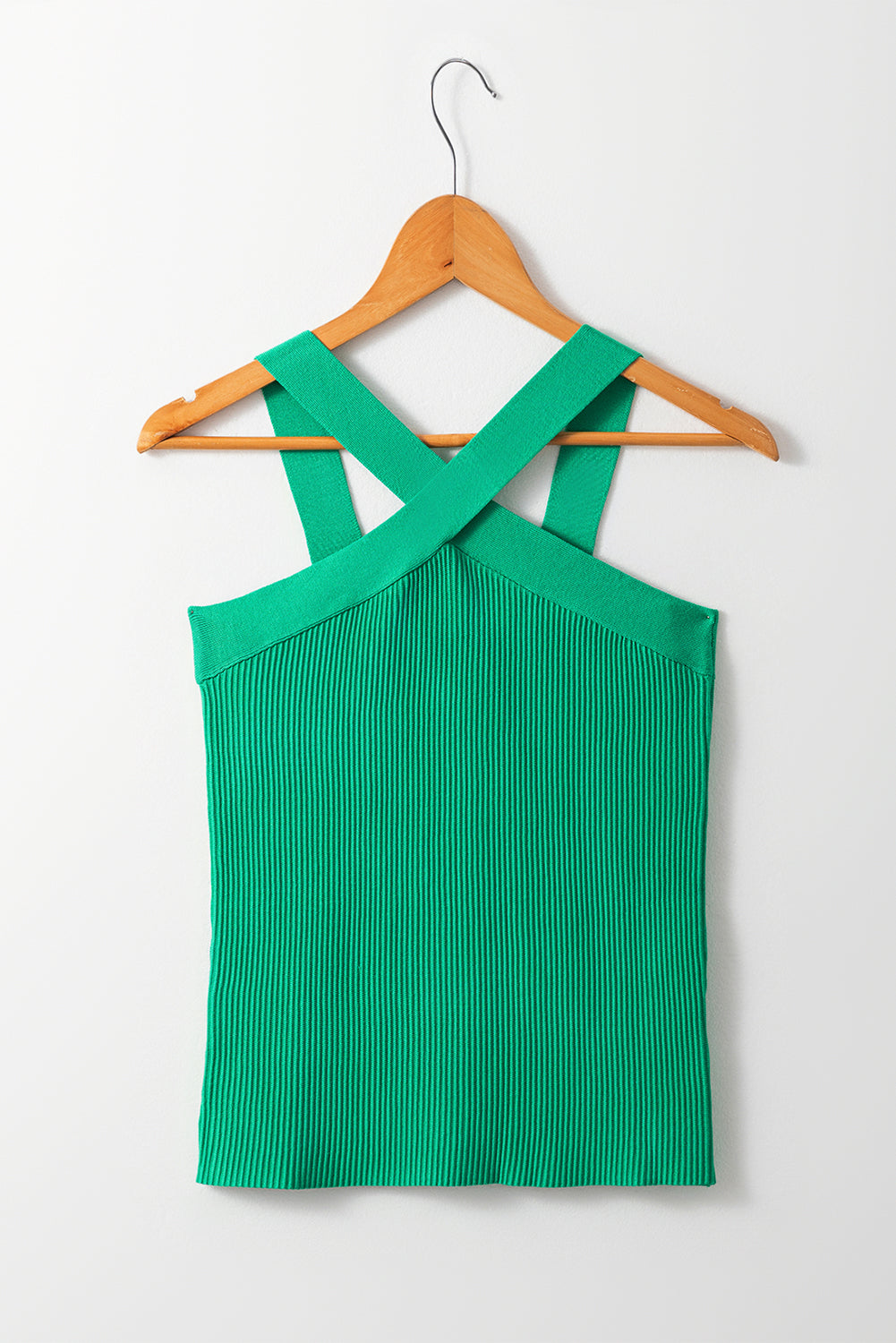 Dark Green Ribbed Criss Cross Halter Neck Sheath Sweater Tank Top eAura