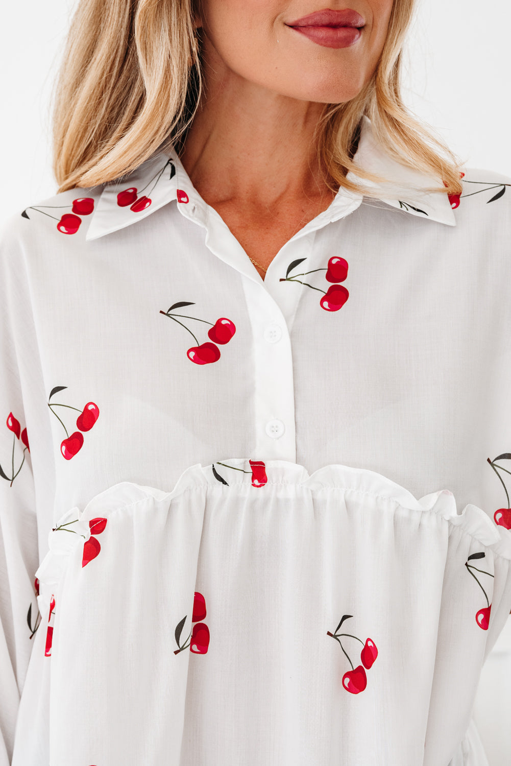 White Cherry Print Collared Frilled Babydoll Blouse - eAura