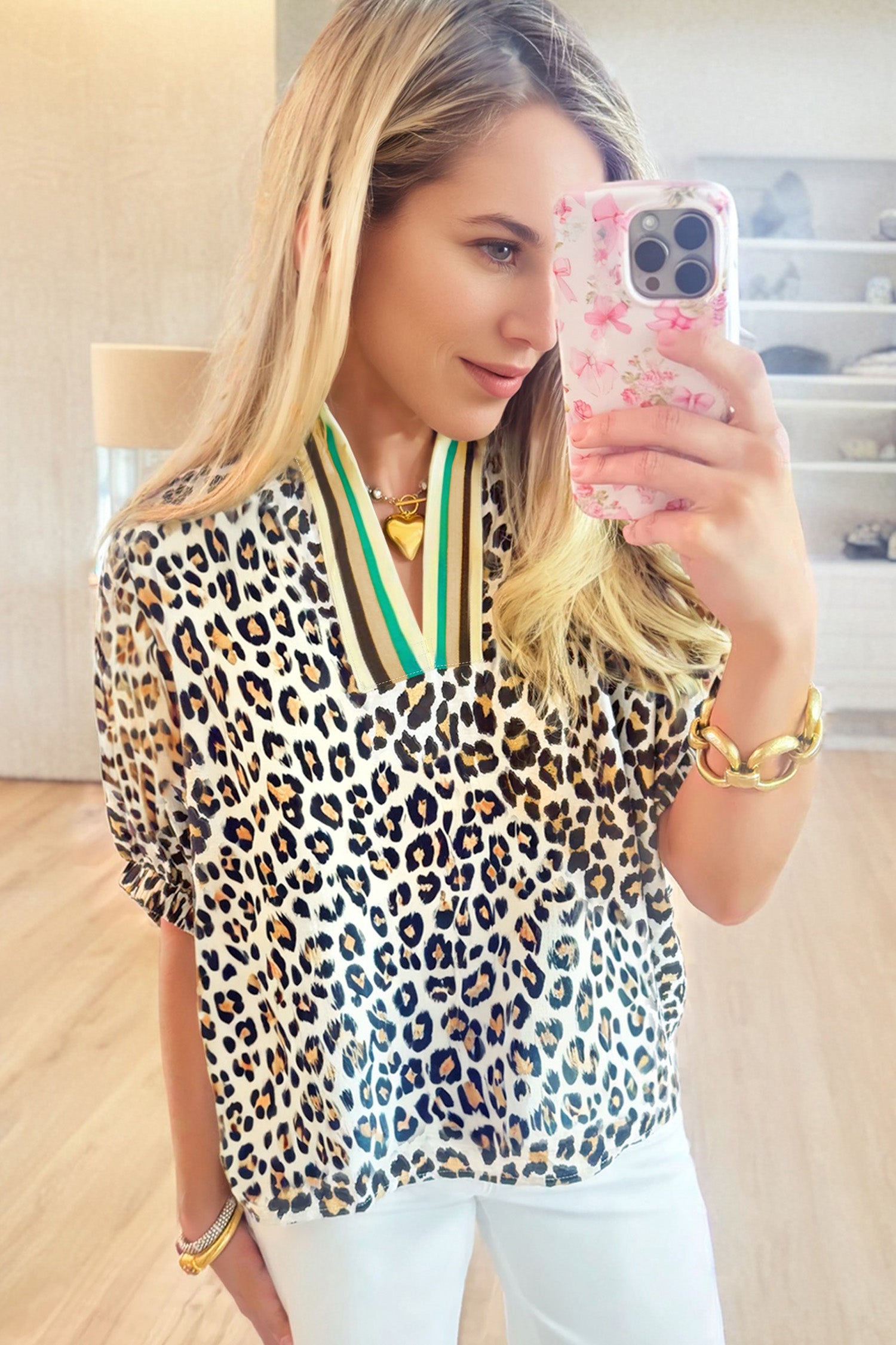 Leopard Contrast Striped V-Neck Loose Fit Blouse