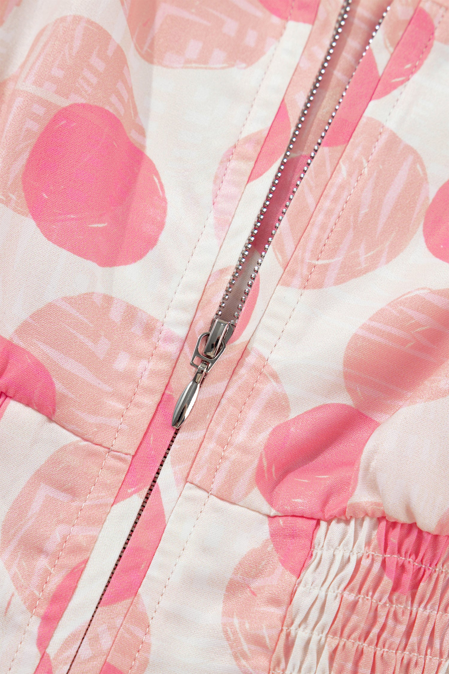 Pink Polka Dot Printed Ruffle Short Sleeve Zip Up Long Dress