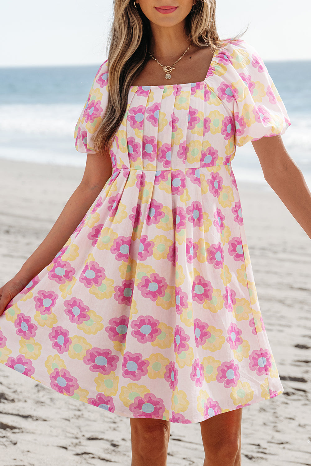 Rose Vibrant Floral Square Neck Puff Sleeve Pleated Flared Midi Dress eAura