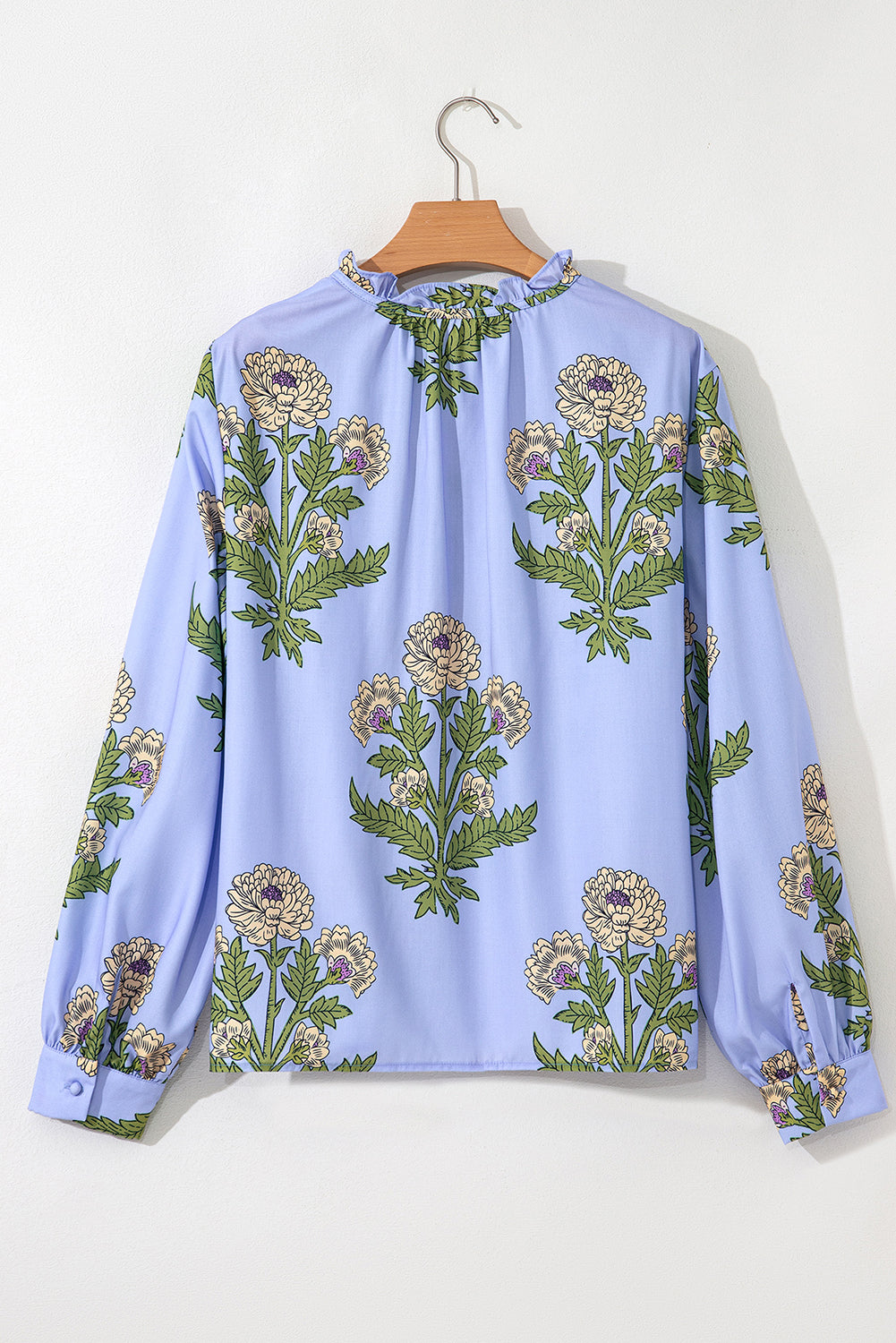 Floral Print Button Tie Neck Long Puff Sleeve Blouse - eAura