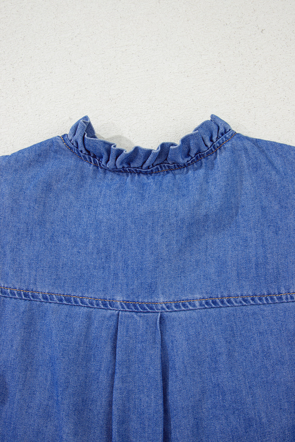 Mineral Wash Cap Sleeve Ruffled Button Up Denim Shirt eAura