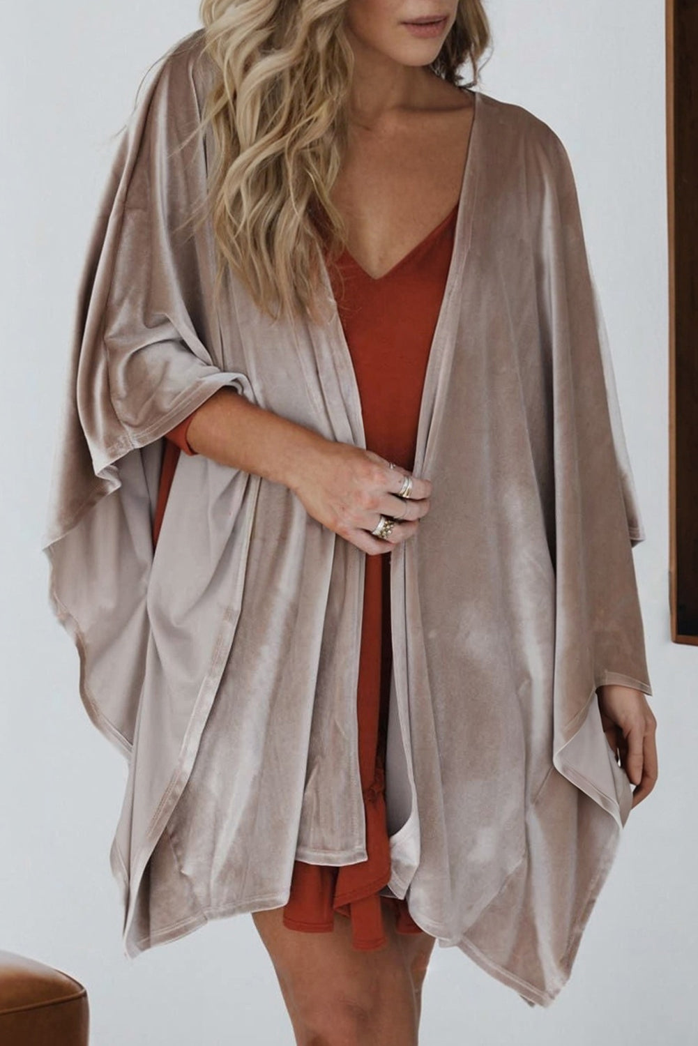 3/4 Sleeve Open Front Velvet Kimono