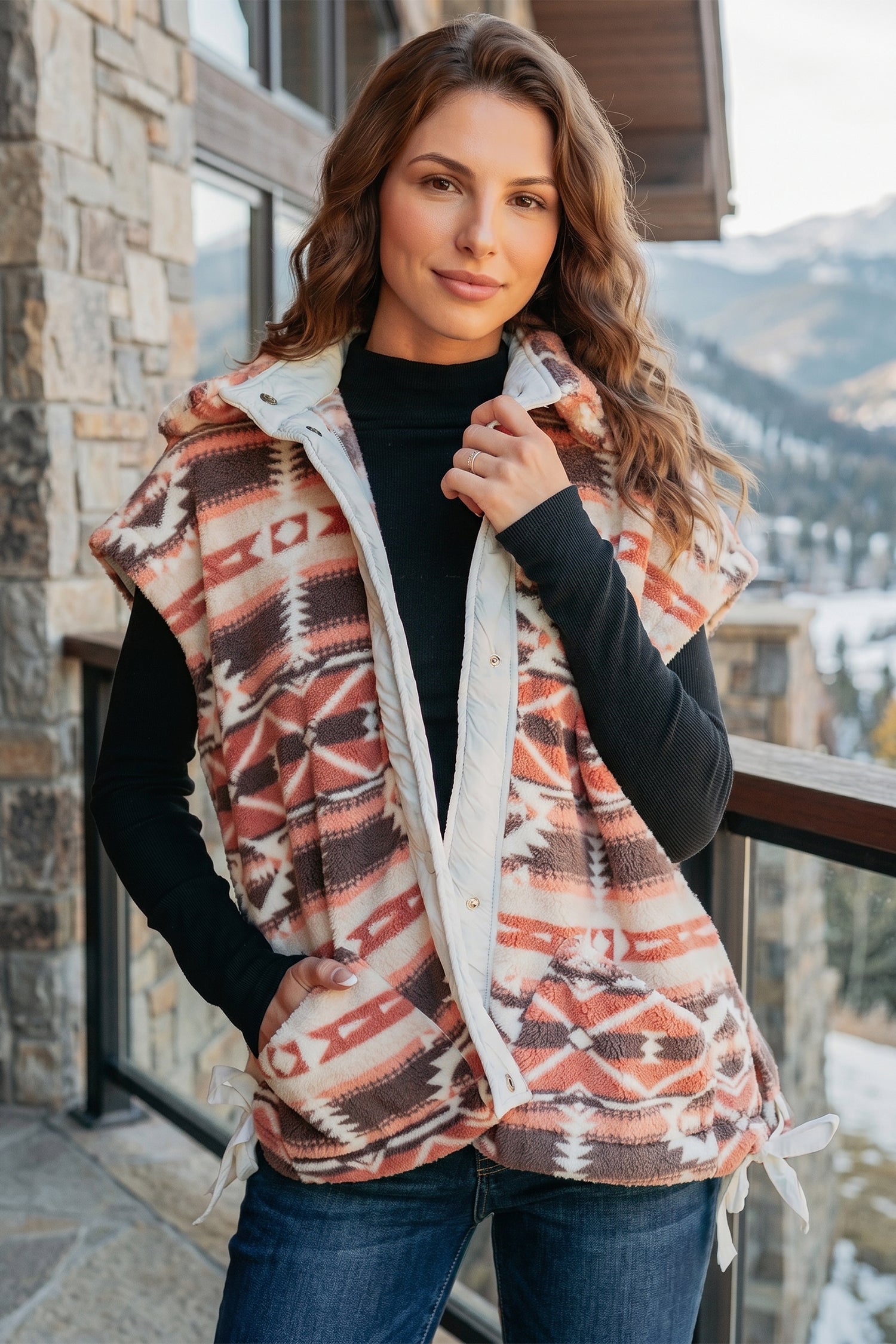 Geometric Print Fleece Metal Button Placket Shift Silhouette Vest – Multicolour