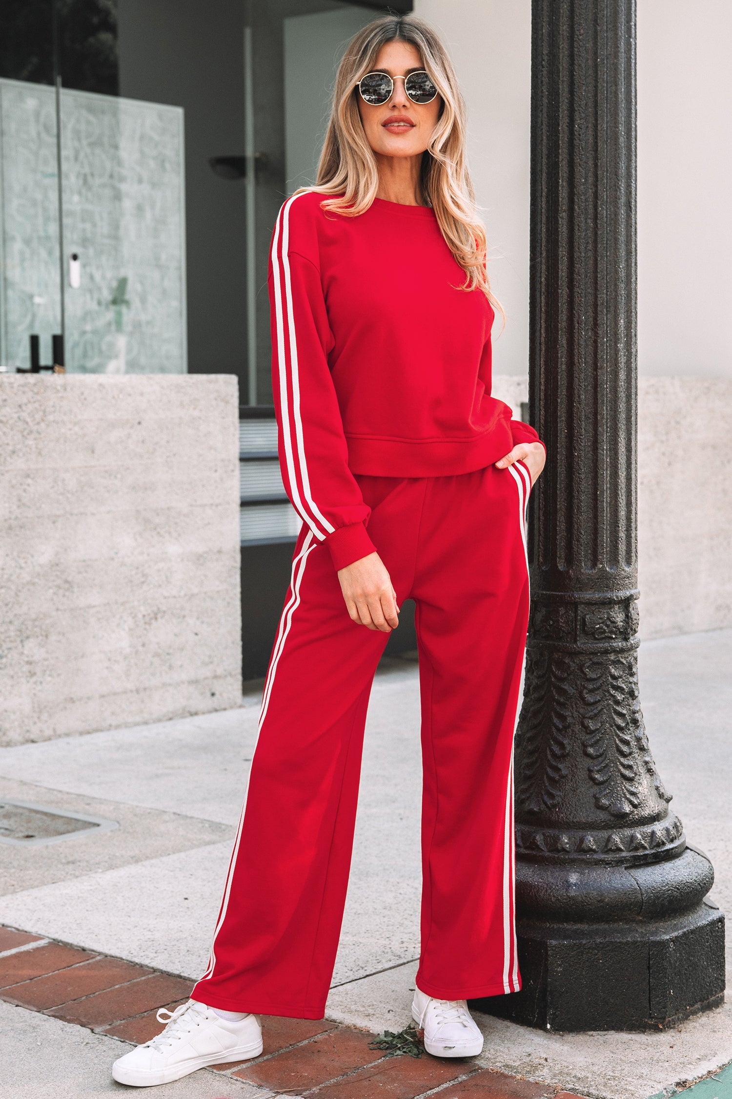 Varsity Striped Detail Crewneck Pullover Elastic Sweatpants 2pcs Co-ord - Two Piece Sets/Pant Sets