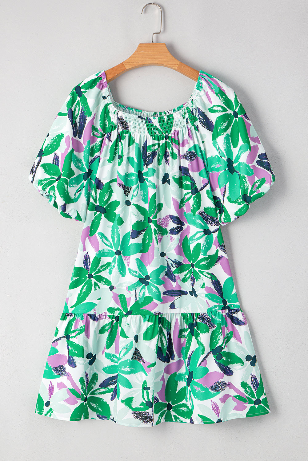 Green Floral Print Shirred Square Neck Loose Fit Mini Dress eAura