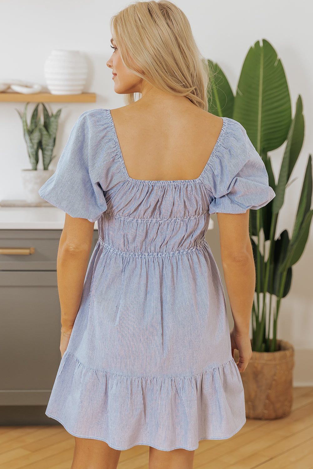 Sky Blue Stripe Bubble Sleeve Square Neck Ruched Pocketed Babydoll Dress eAura