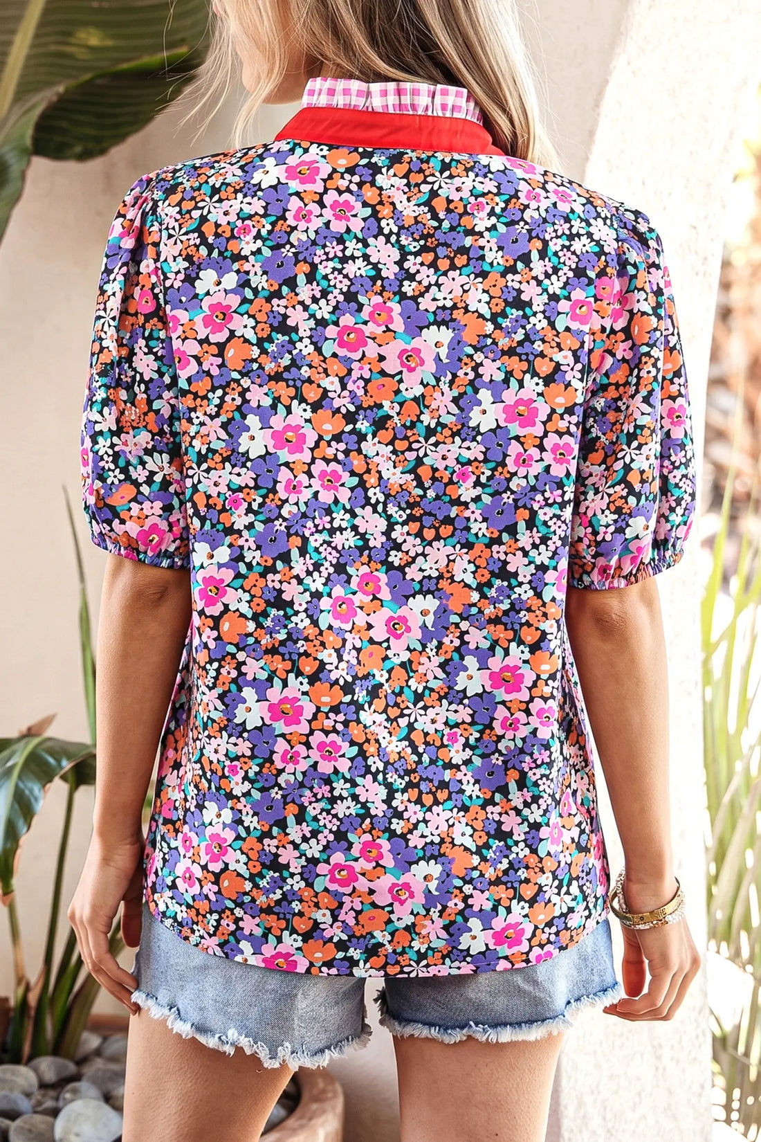 Ditsy Floral Print Plaid Colourblock Trim V Neck Blouse – Purple