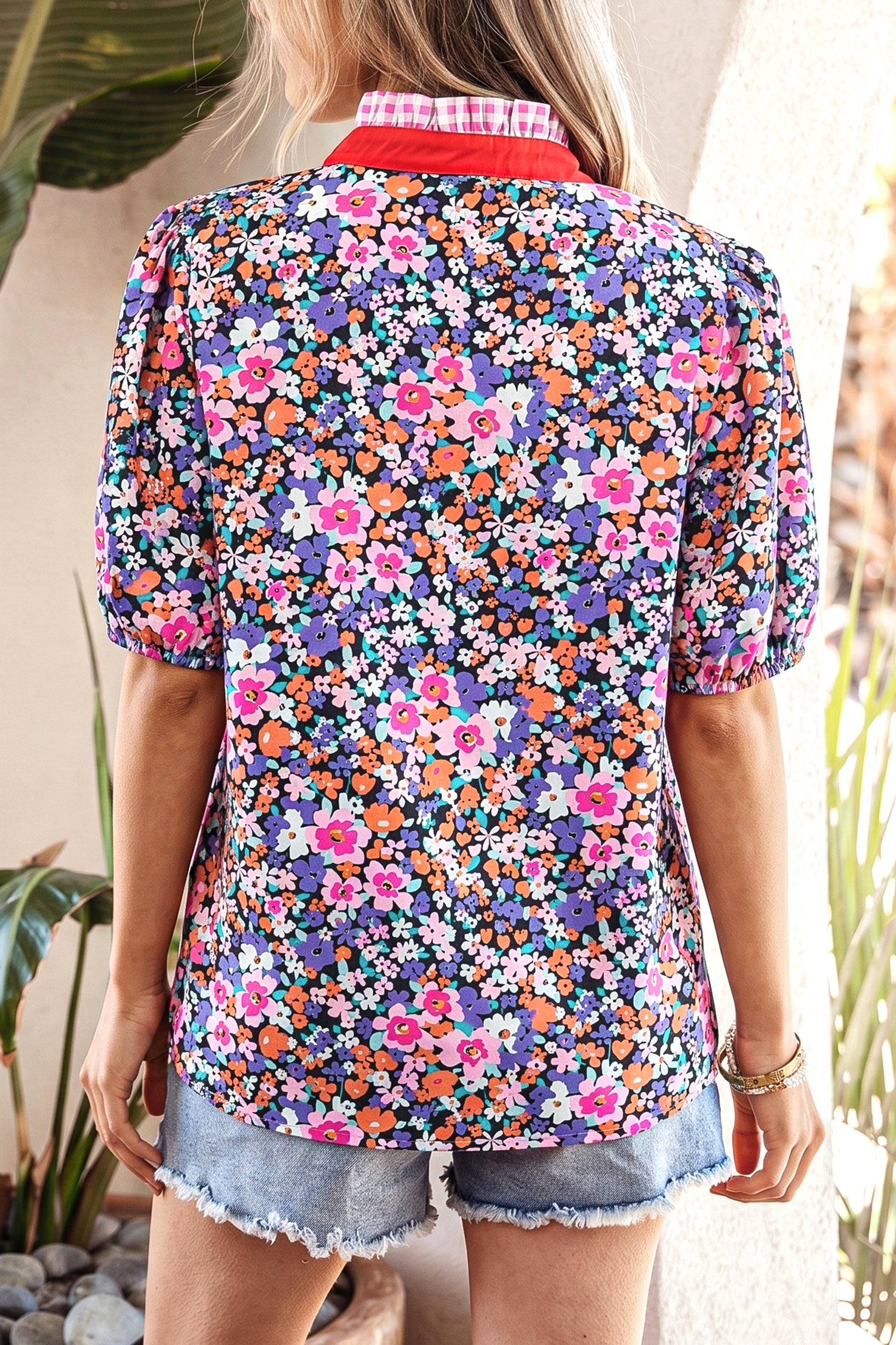 Ditsy Floral Print Plaid Colorblock Trim V Neck Blouse – Purple