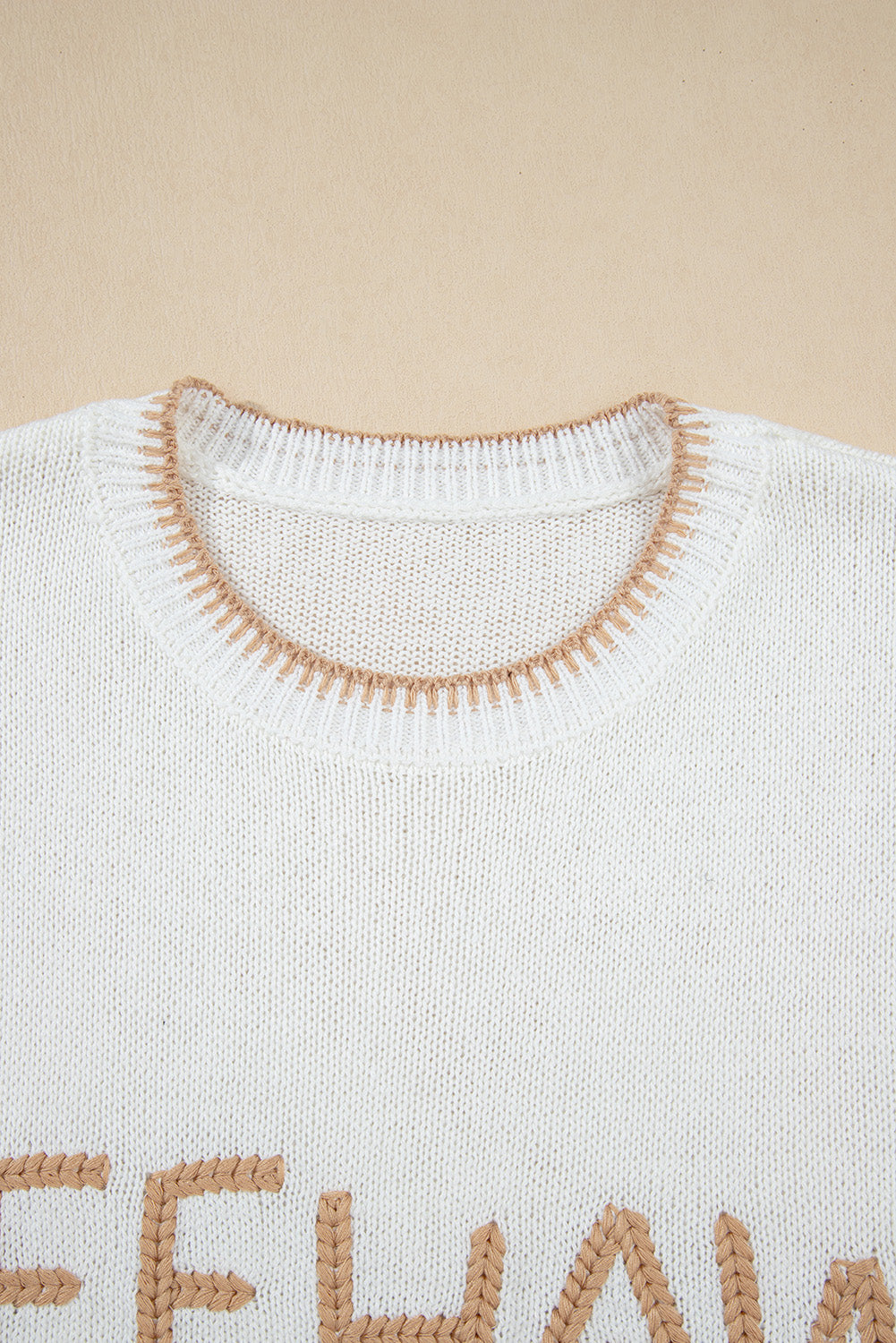 White Knit YEEHAW Stitch Edge Crew Neck Sweater T Shirt eAura