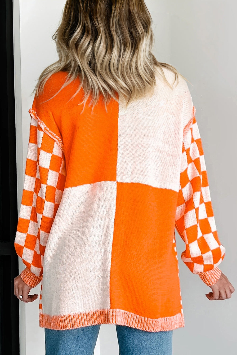 Orange Checkered Bubble Sleeve Drop Shoulder Open Cardigan eAura