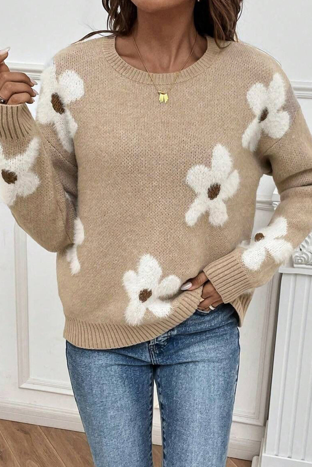 Parchment Flower Pattern Ribbed Trim Crew Neck Sweater eAura