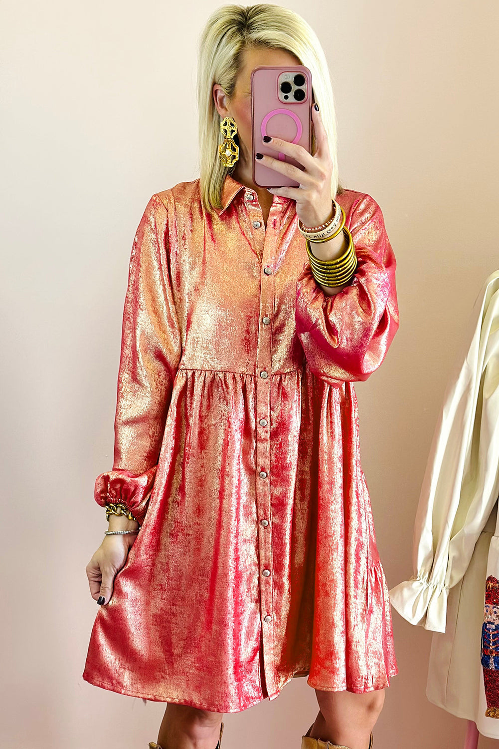 Peach Blossom Metallic Sheen Puff Sleeve Button Up Mini Shirt Dress eAura