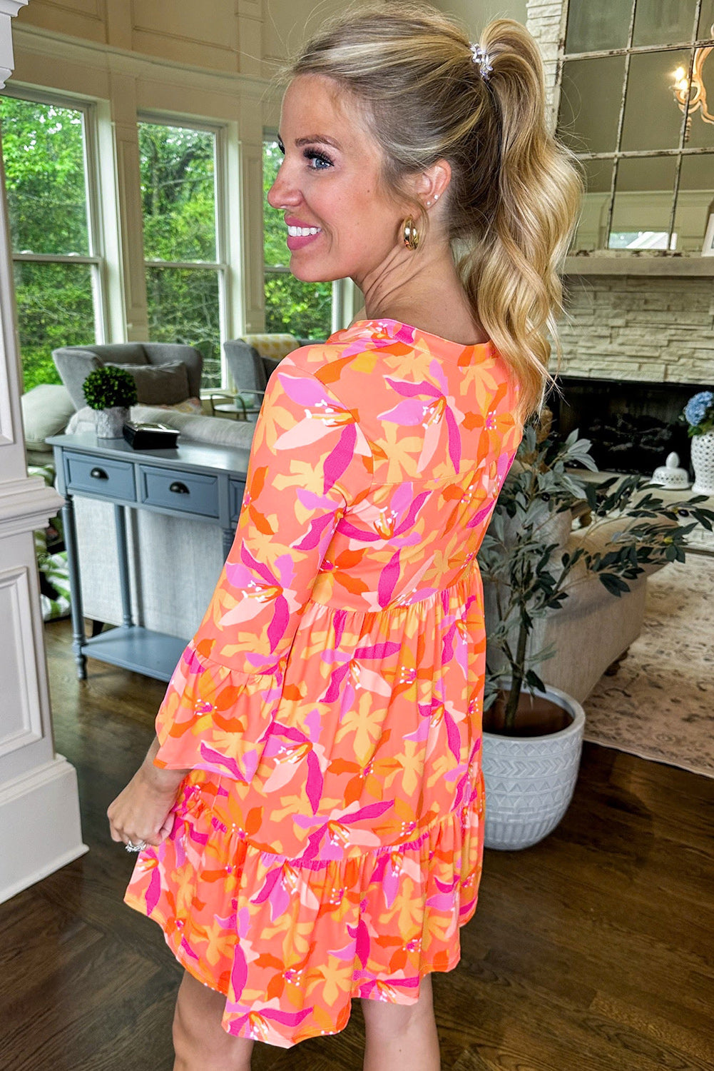 Orange Abstract Print Ruffled Sleeve V Neck Dress eAura