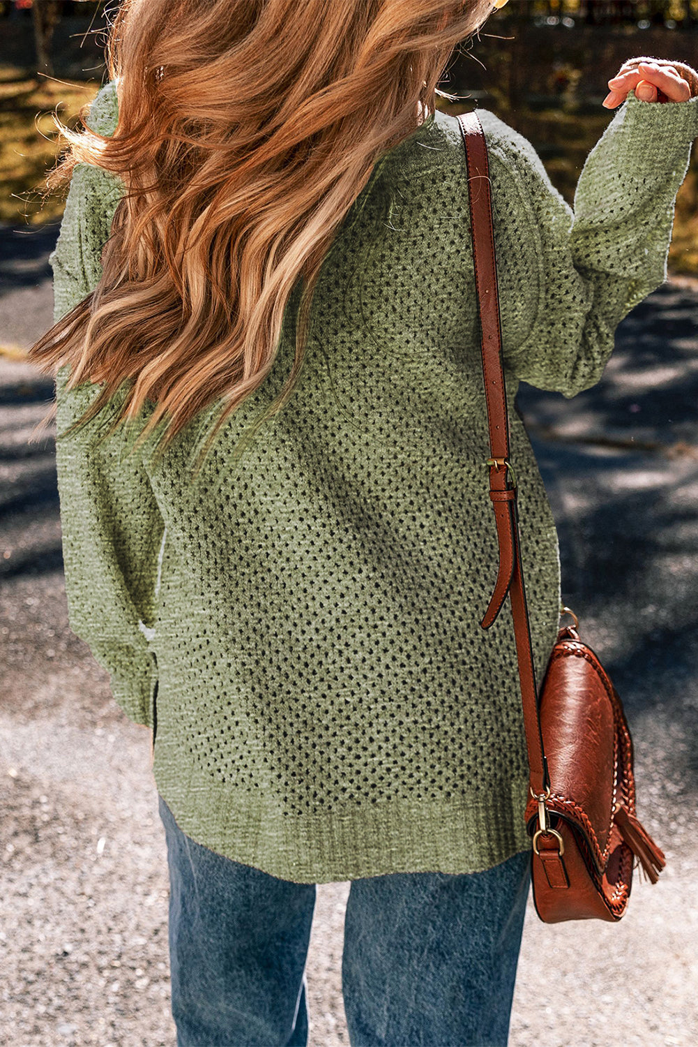 Jungle Green Loose Eyelet V Neck Drop Shoulder Sweater eAura