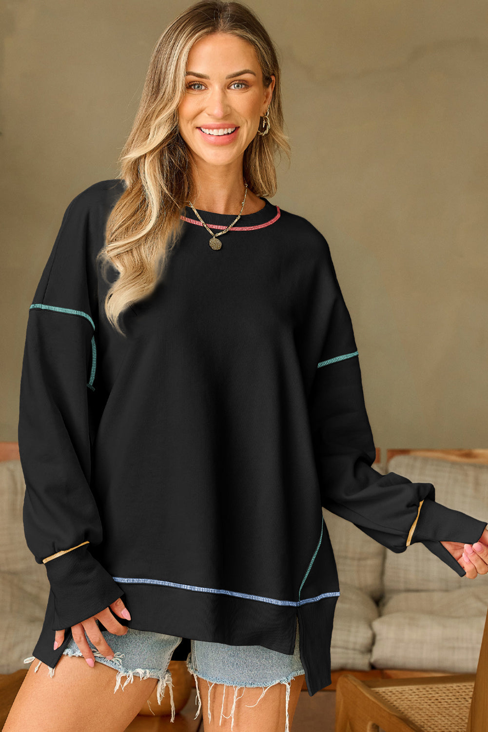 Black Contrast Stitching Split Baggy Sweatshirt eAura