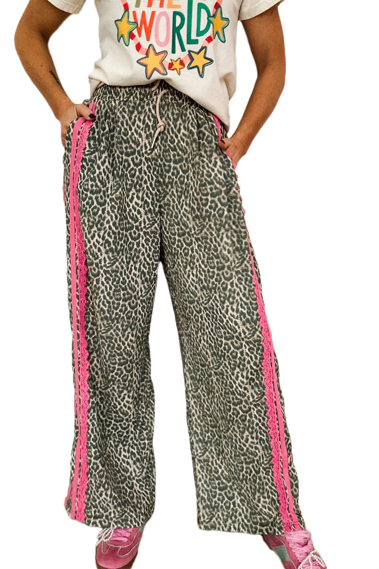 Wild Leopard Print Contrast Lace Striped Detail Drawstring Pants – Brown