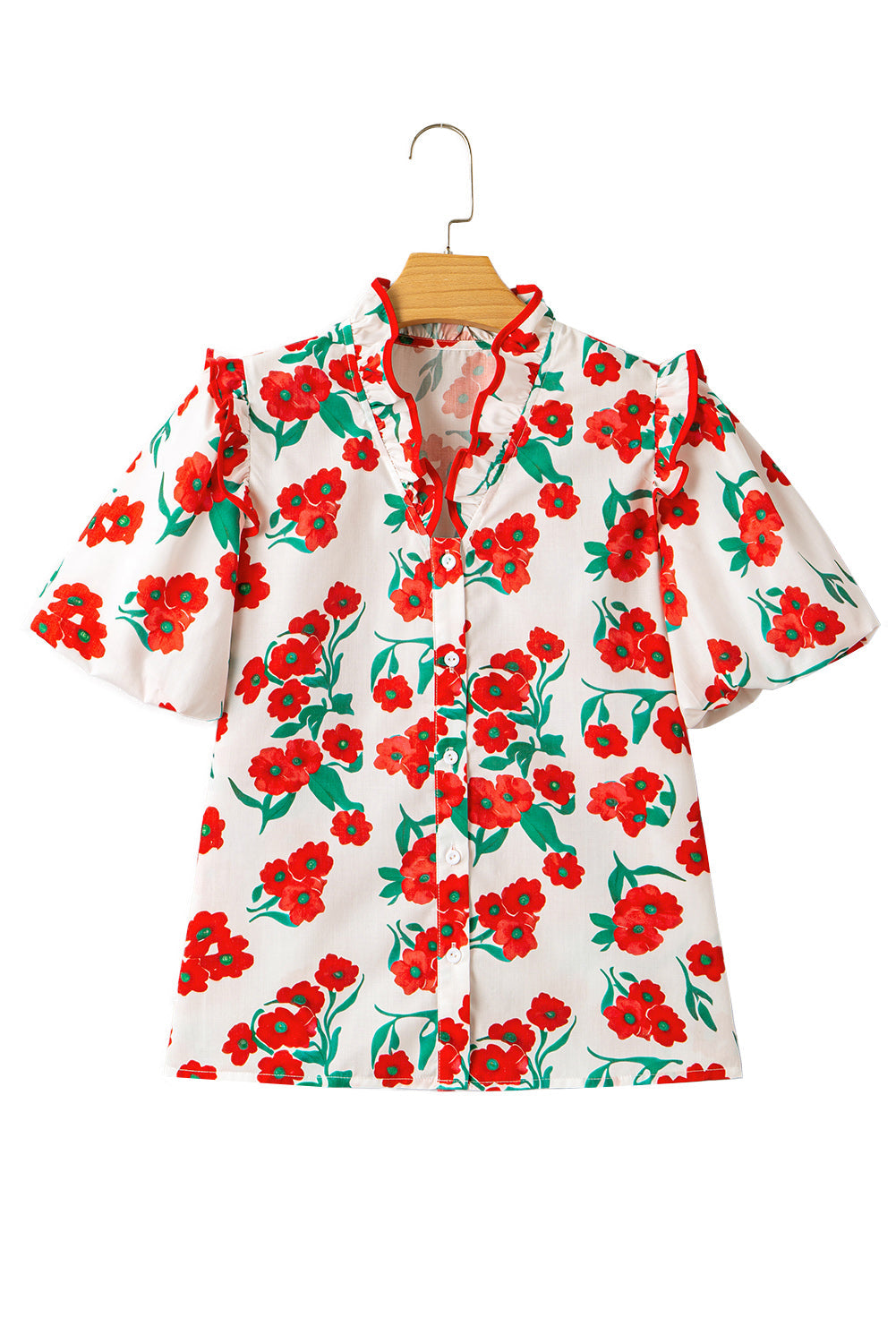 Red Floral Print Ruffled Puff Sleeve Elegant Summer Shirt eAura