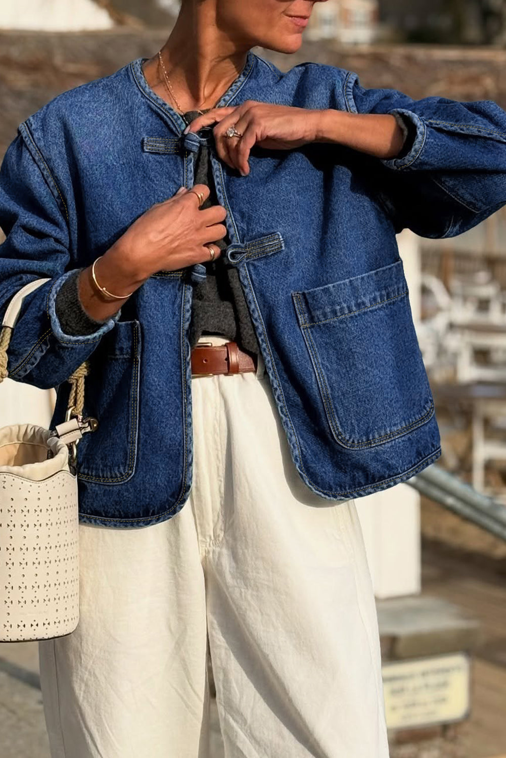 Blue Fastening Big Patched Pockets Straight Cut Deep Wash Denim Jacket - eAura