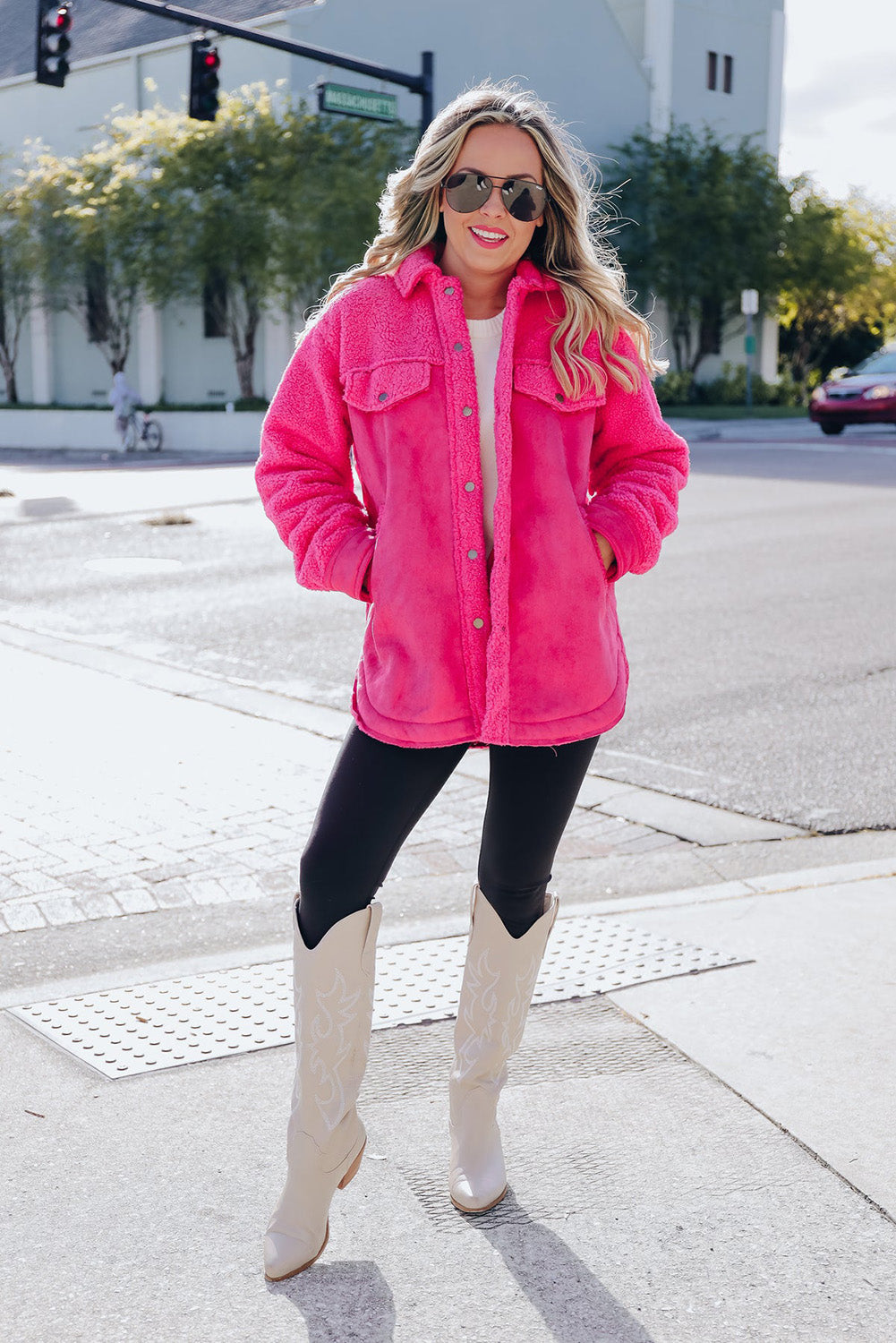 Bright Pink Faux Suede Sherpa Patchwork Button-up Shacket Beagle Boutique Fashion Outlet