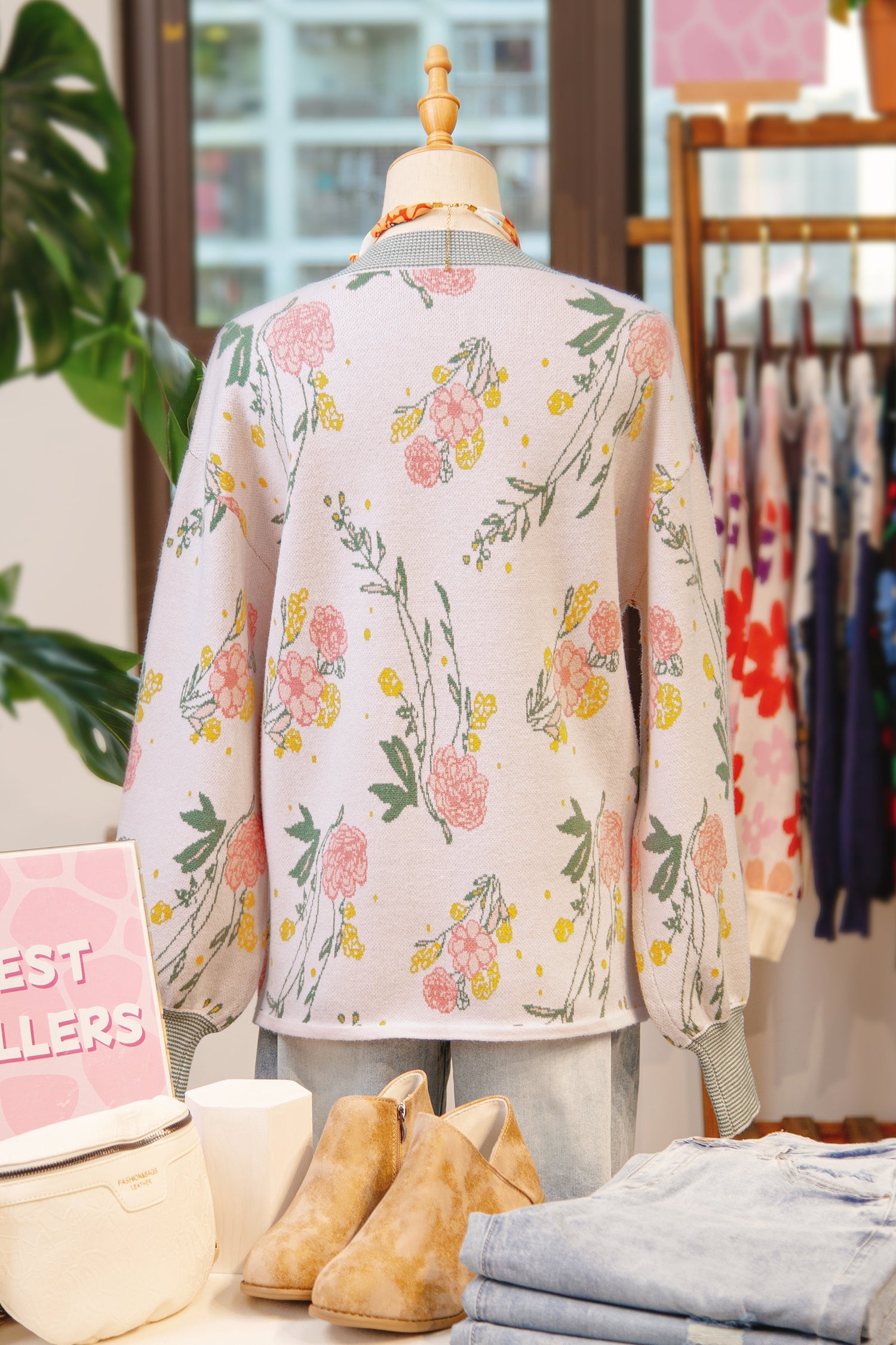 Floral Pattern Striped V-Neck Loose Sweater - eAura