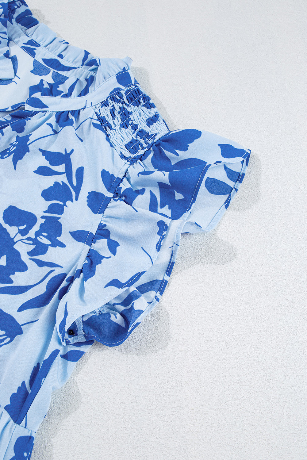 Sky Blue Floral Print Tiered Frilled Trim Flutter Sleeve Maxi Dress eAura