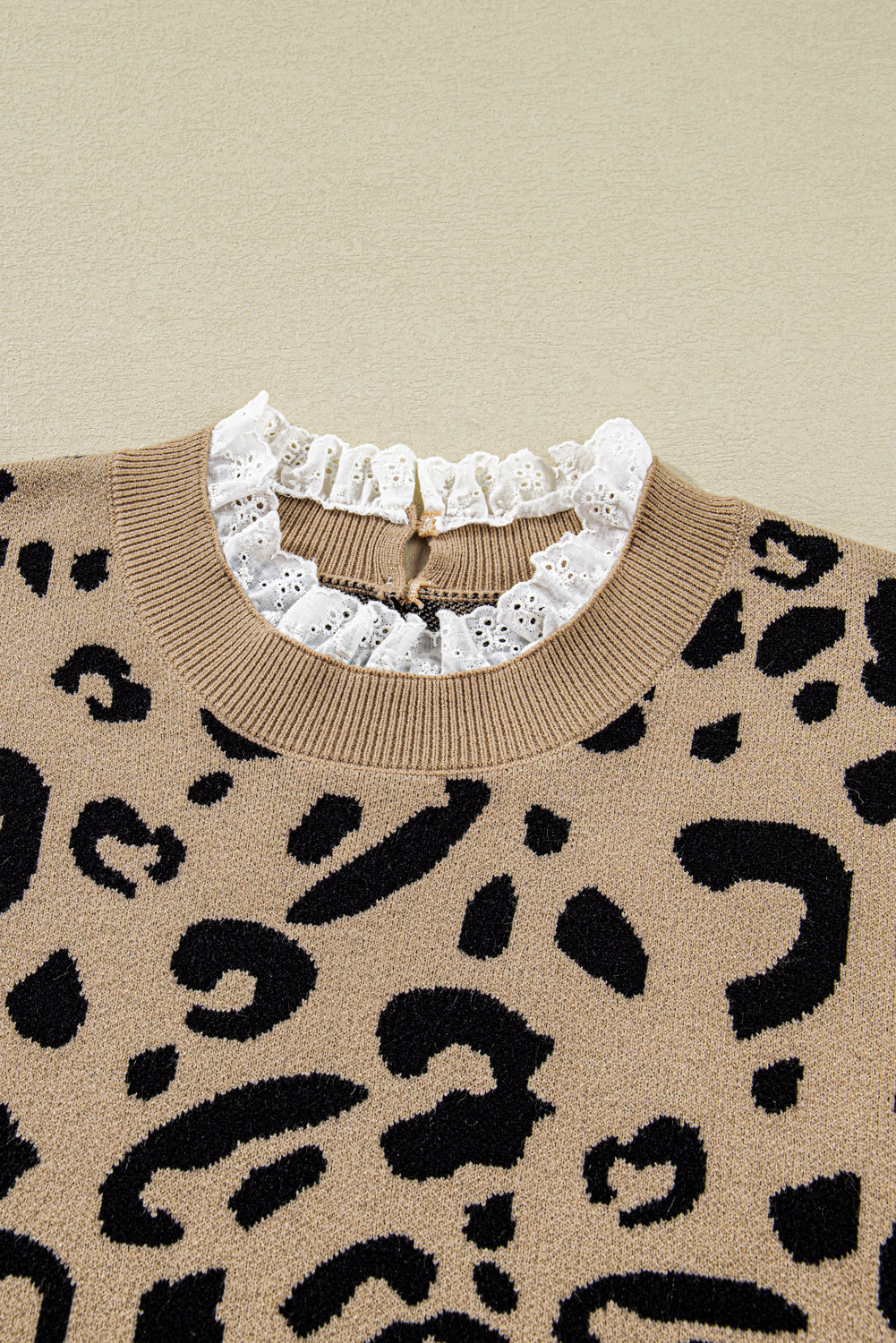Brown Leopard Knit Lacy Trim Cuffed Plus Size Sweater - eAura