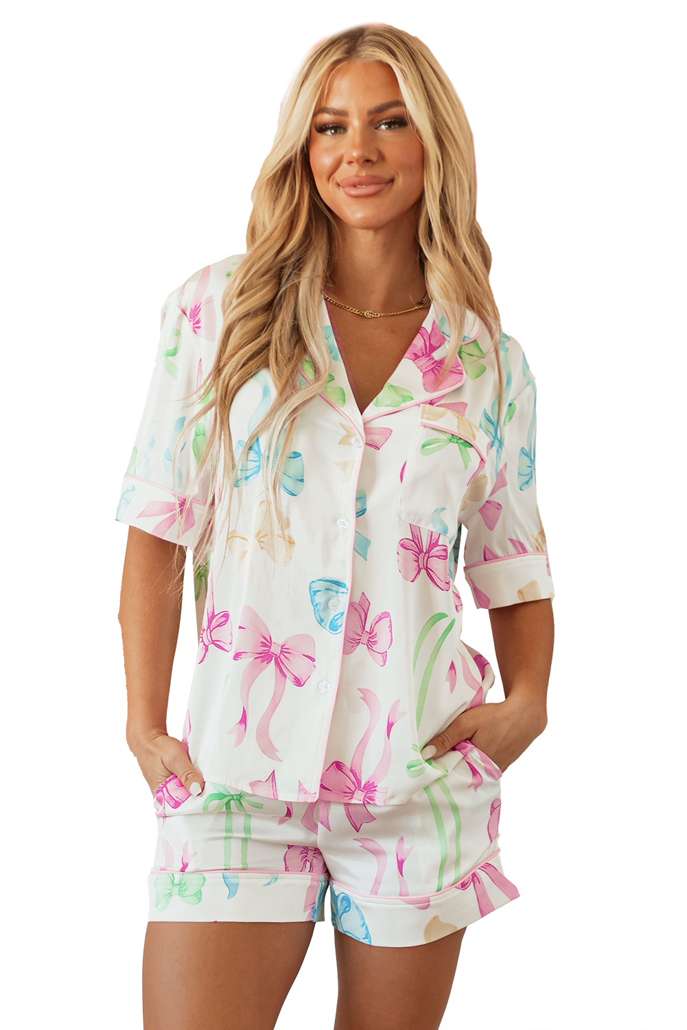 White Bowknot Print Buttoned Shirt High Waist Shorts Pyjama Set eAura