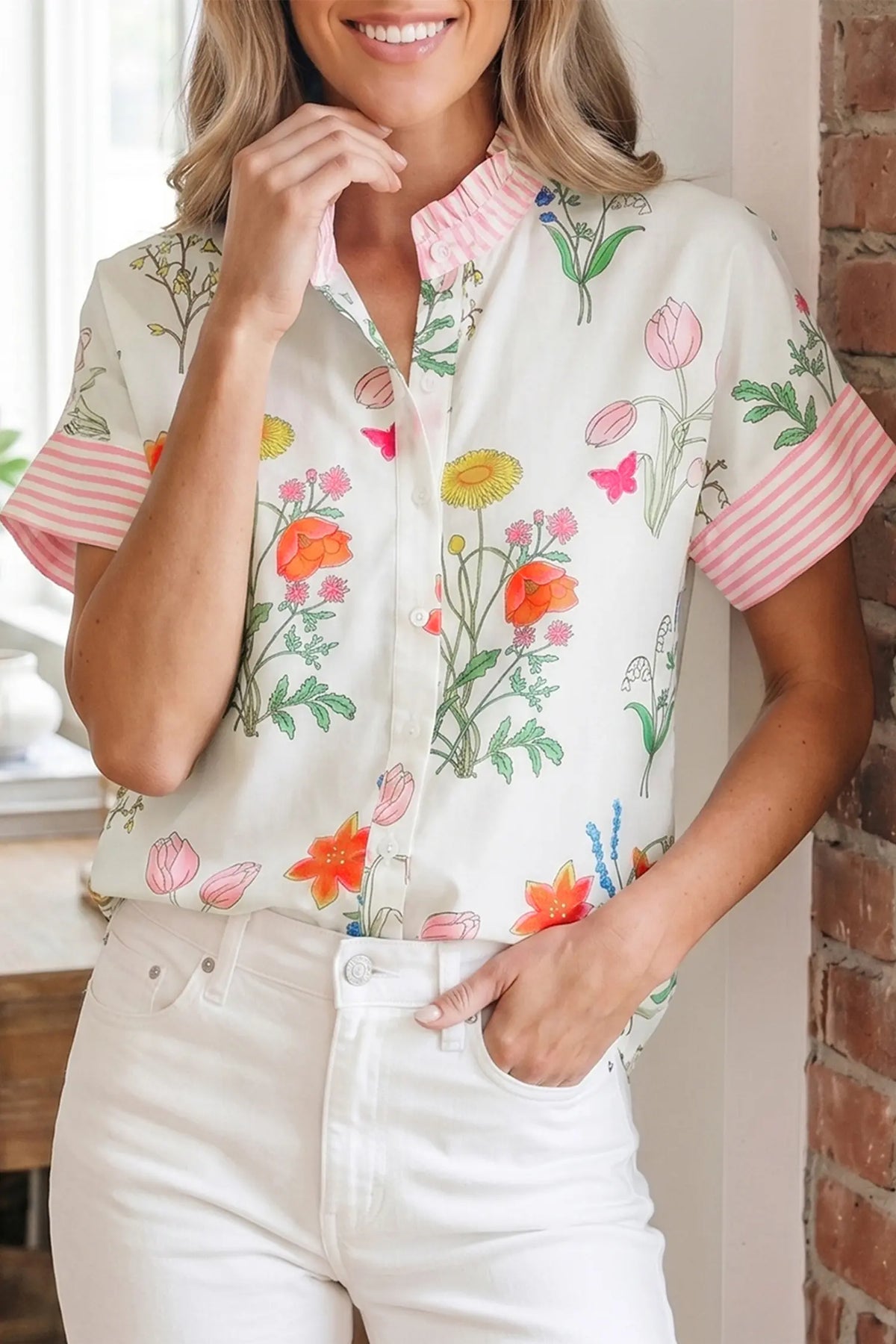 Floral Striped Patchwork Ruffled Collar Short Sleeve Shirt – Beige