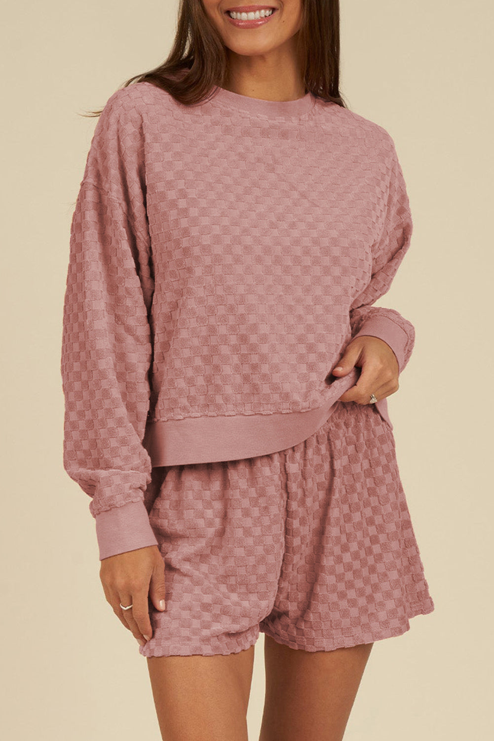 Blossom Checkered Textured Long Sleeve Top and Shorts Set eAura