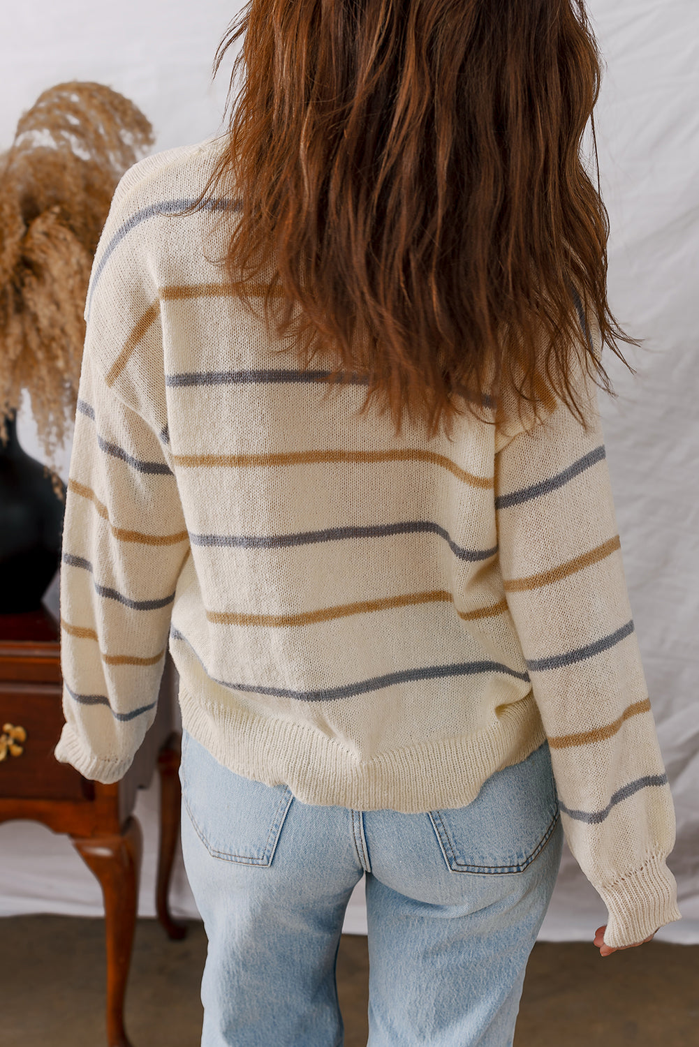 Striped Ribbed Edge Drop Shoulder Sweater eAura