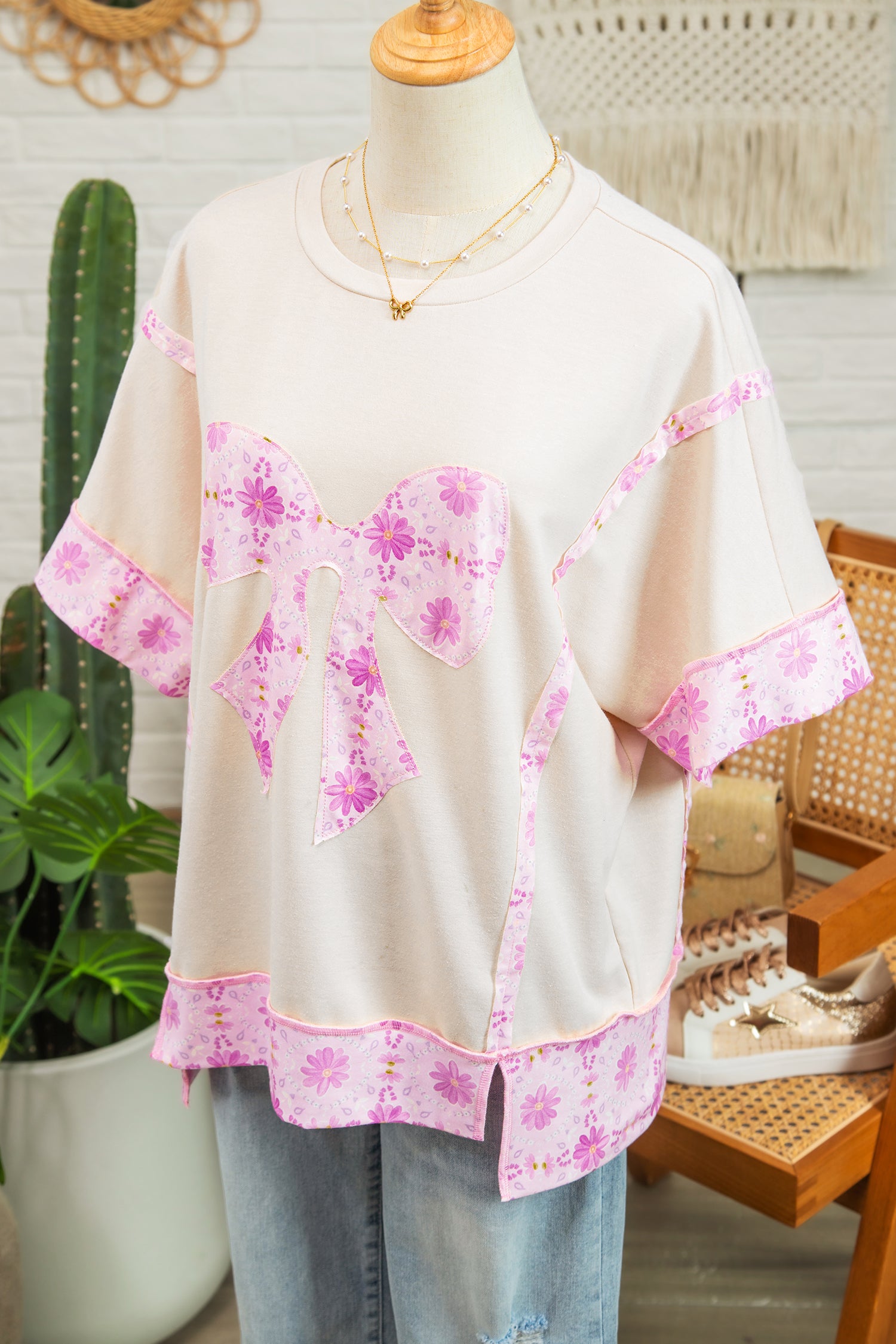 Daisy Floral Bow Contrast Patchwork Loose T Shirt – Apricot