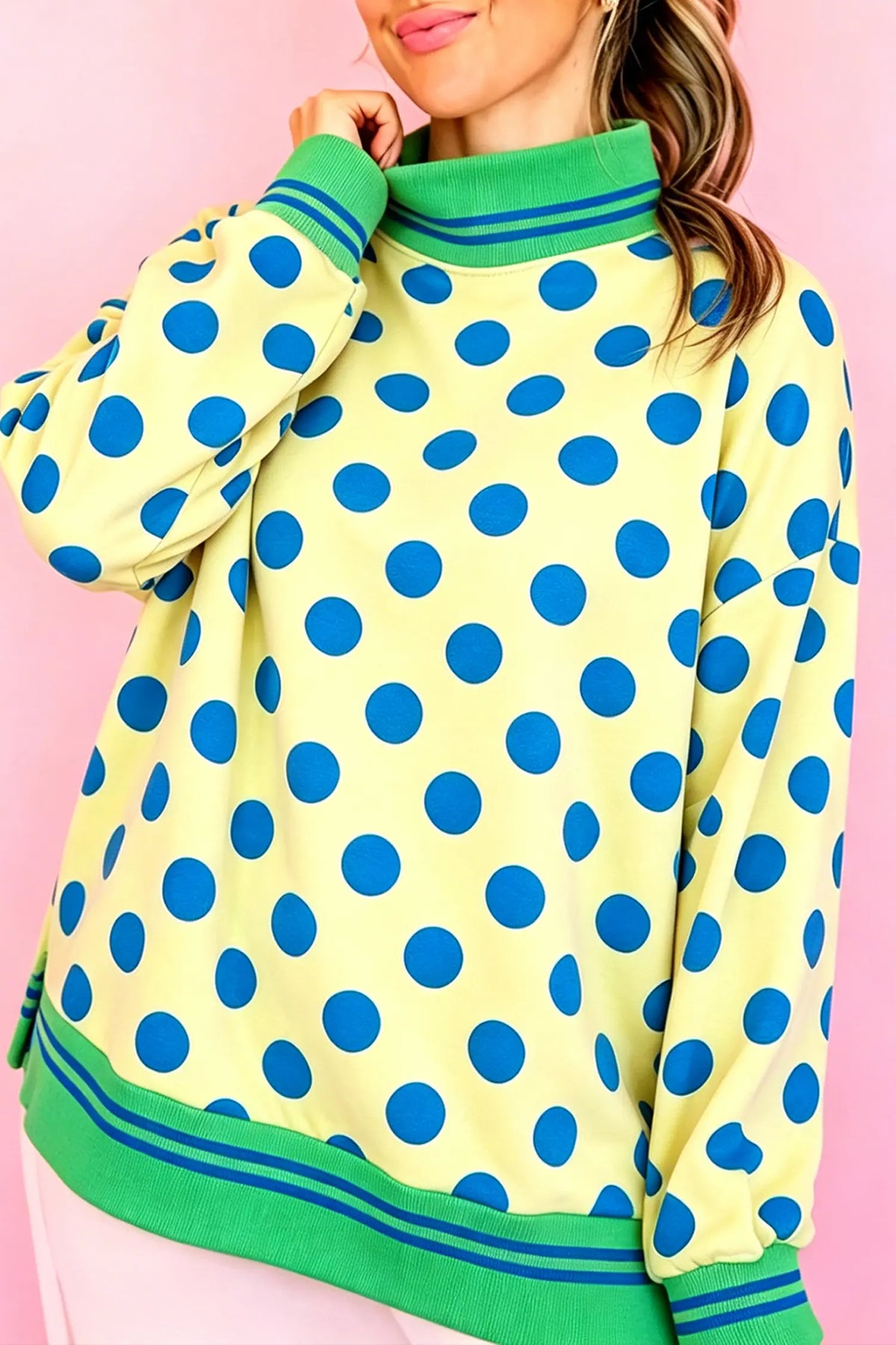 Mock Neck Sweatshirt - Polka Dot Striped Trim