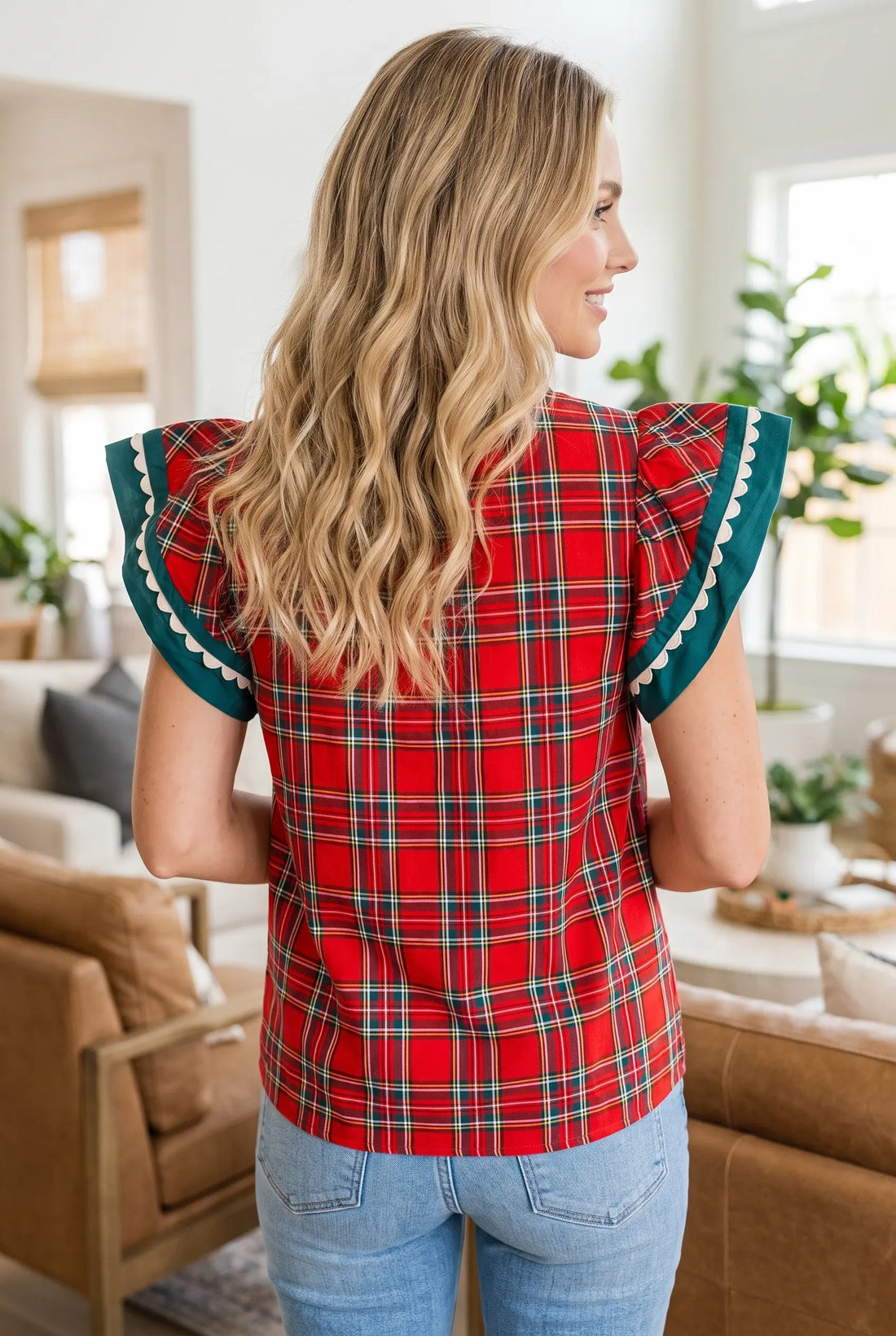 Plaid V Neck Short Sleeve Shift Blouse