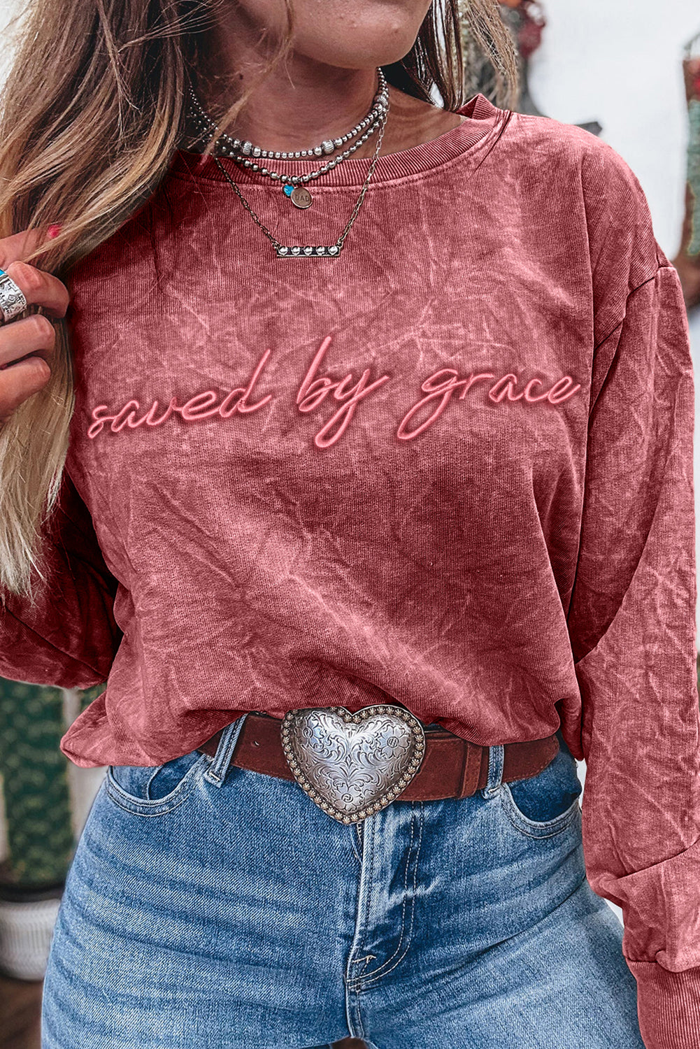 "Saved By Grace" Letter Embroidery Mineral Wash Loose Sweatshirt - eAura