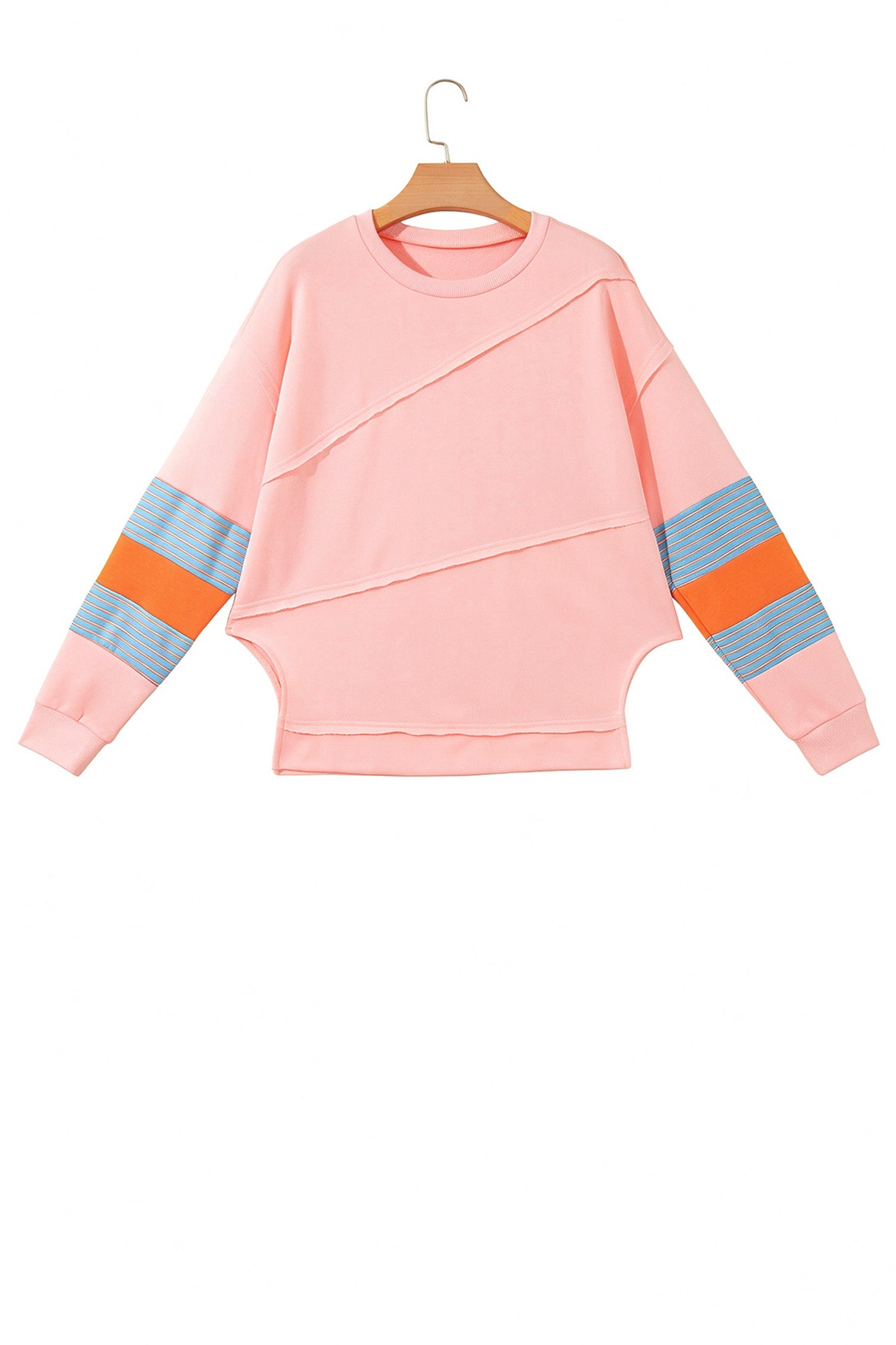 Colorblock Striped Patchwork Long Sleeve Round Neck Blouse – Pink