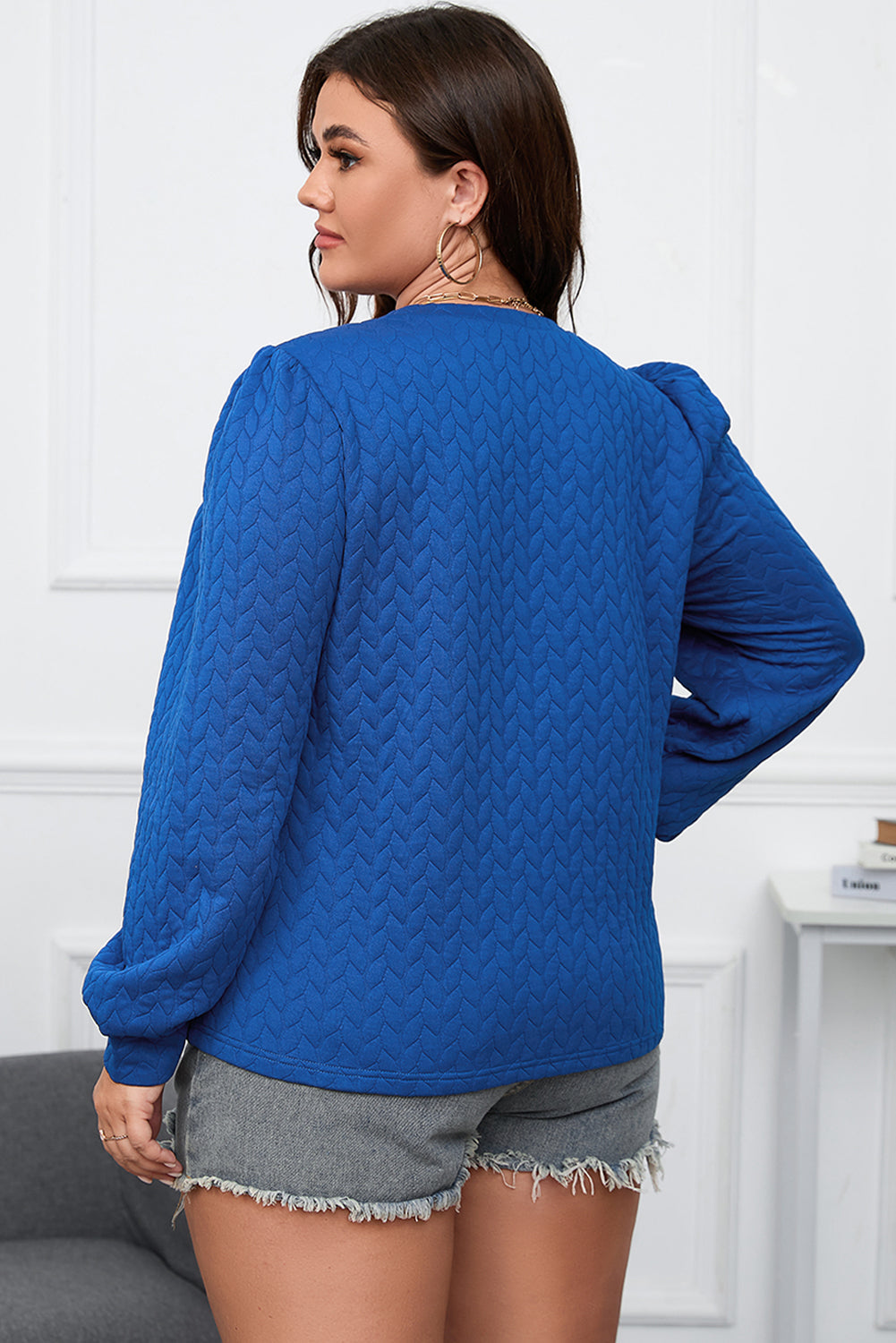 Dark Blue Cable Pattern Puff Sleeve Plus Size Top BB Fashion Outlet