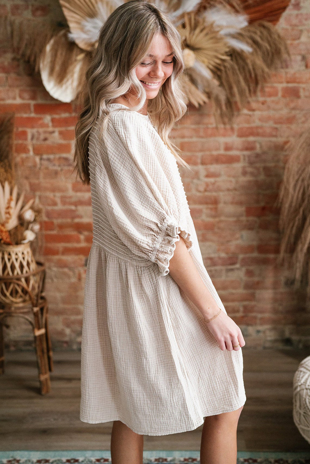 White Textured Ruffled Puff Sleeve Oversized Dress eAura
