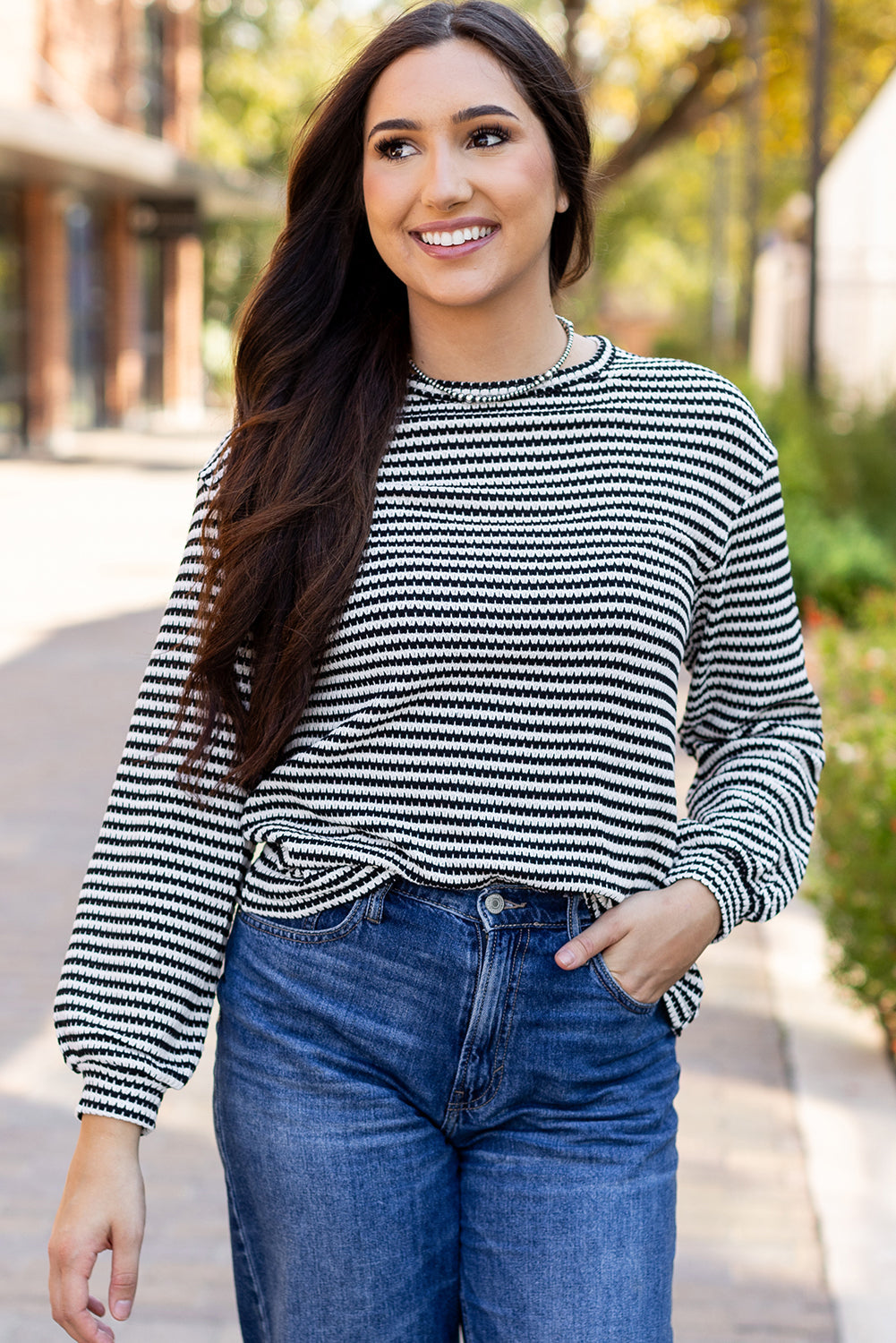 Rose Stripe Round Neck Drop Shoulder Long Sleeve Top Beagle Boutique Fashion Outlet
