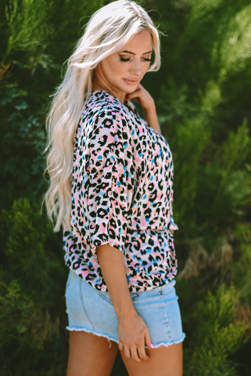Pink MultiColour Leopard Print V Neck Oversized Blouse eAura