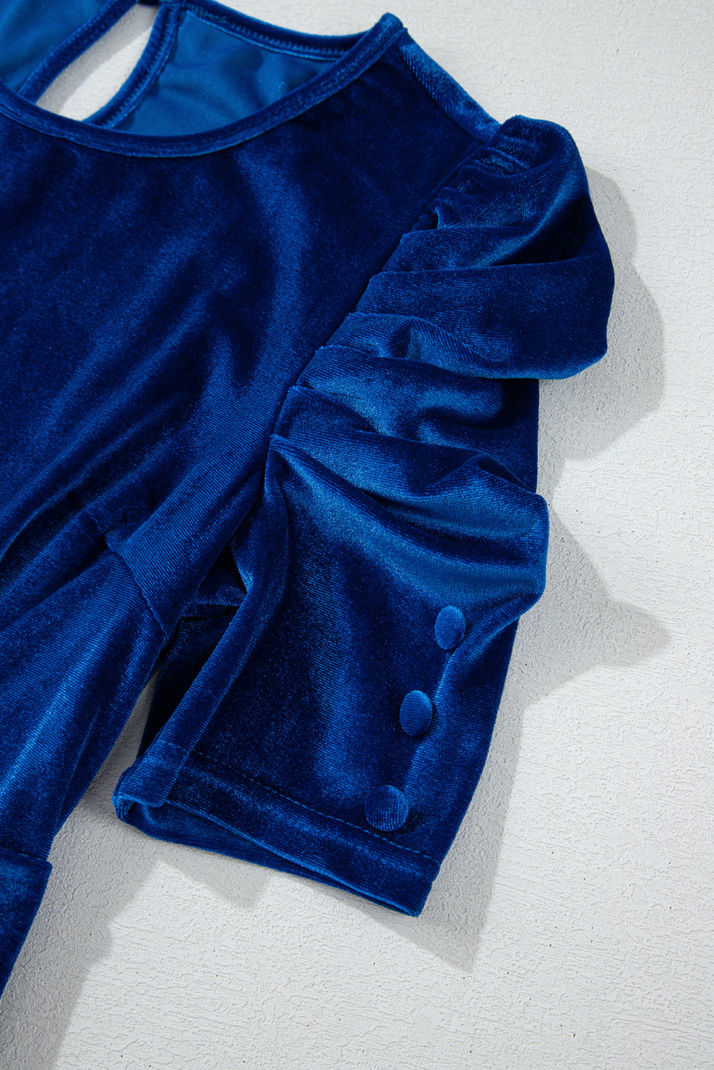 Sail Blue Velvet Ruched Short Sleeve Pocketed Mini Dress Beagle Boutique Fashion Outlet