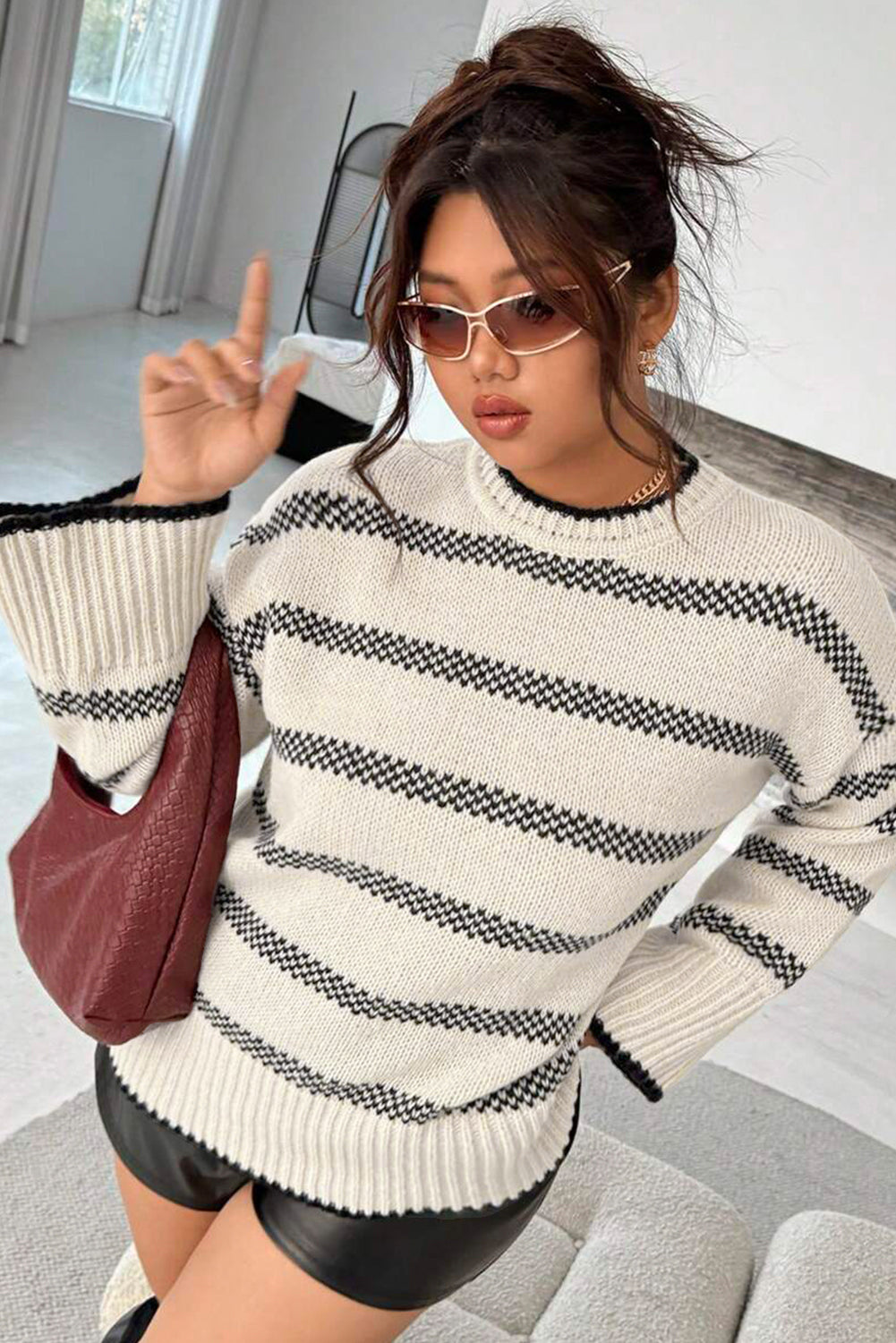 Stripe Wide Sleeve Drop Shoulder Plus Sweater - eAura