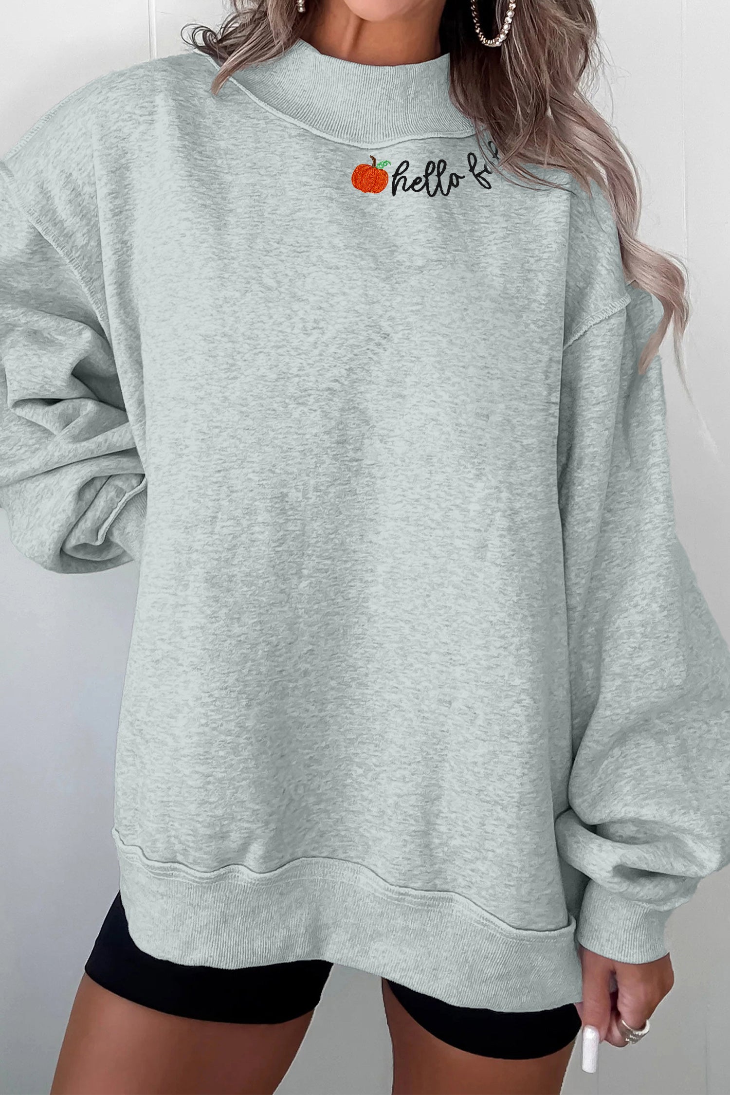 hello fall Embroidered Pumpkin Detail Mock Neck Sweatshirt – Gray