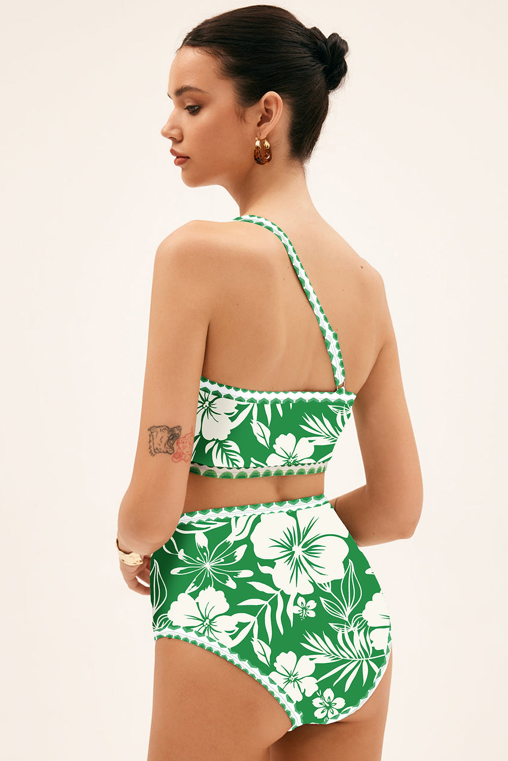 Green Floral Print One Shoulder High Waist Bikini Set eAura