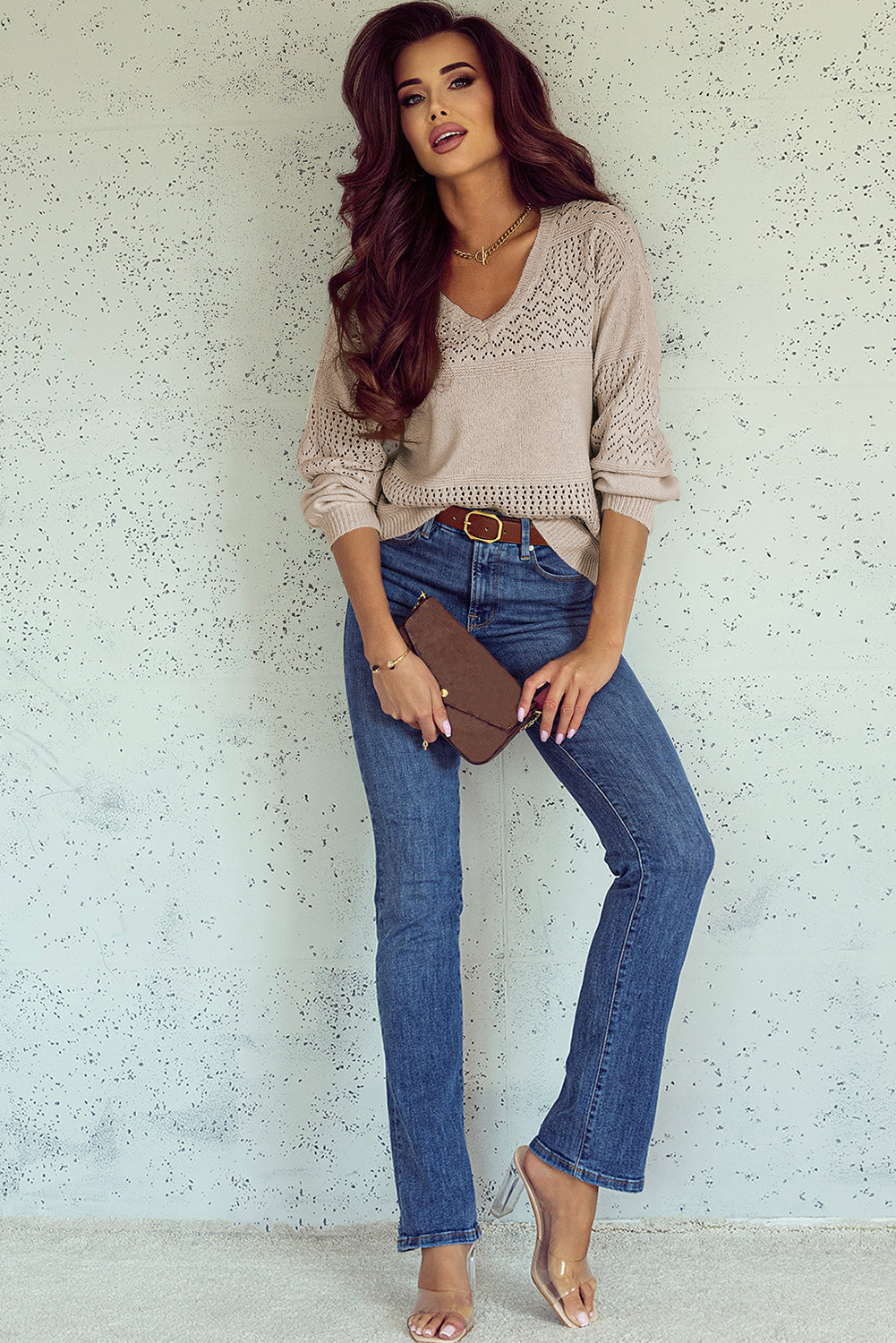 Brown Eyelet Pattern Detail V Neck Drop Shoulder Sweater eAura