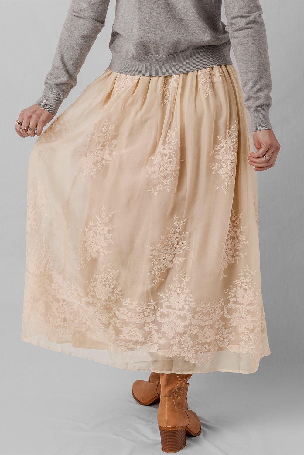 Embroidered Mesh Overlay Flowy Maxi Skirt - eAura