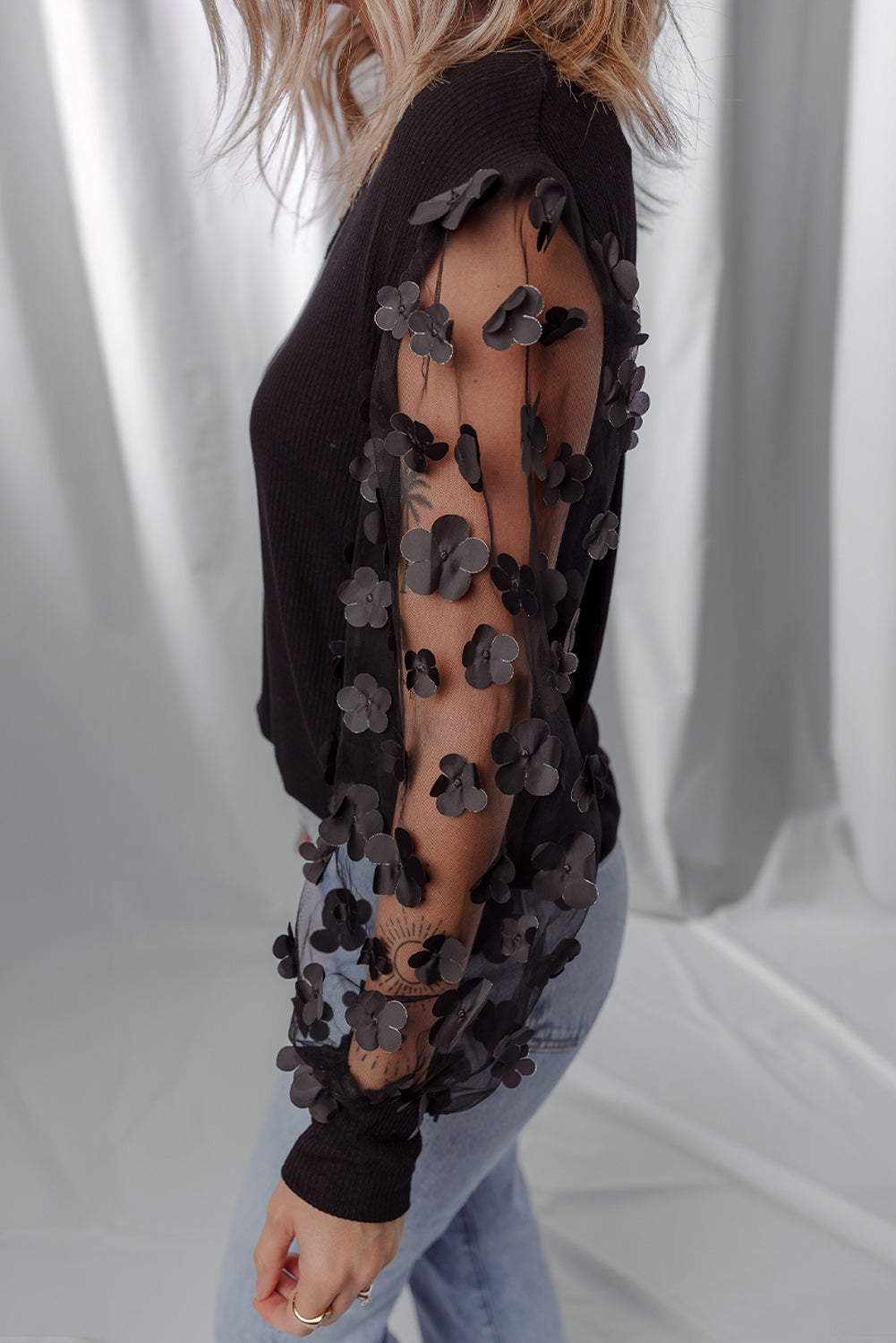 Black Flower Applique Mesh Long Sleeve V-Neck Blouse - eAura