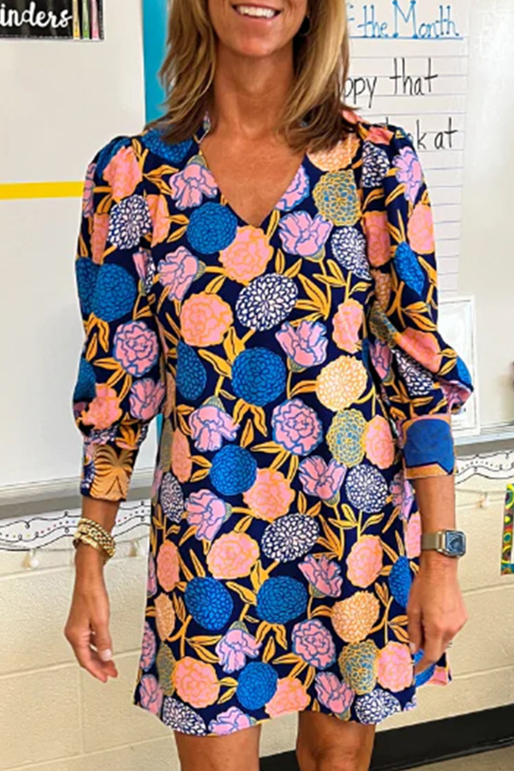 Navy Blue Hydrangea Floral Print Bishop Sleeve V Neck Shift Dress eAura