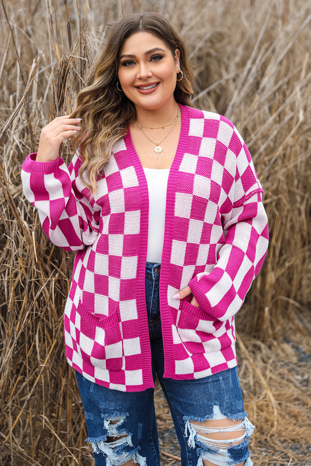 Bonbon Checkered Pattern Open Front Plus Size Cardigan BB Fashion Outlet